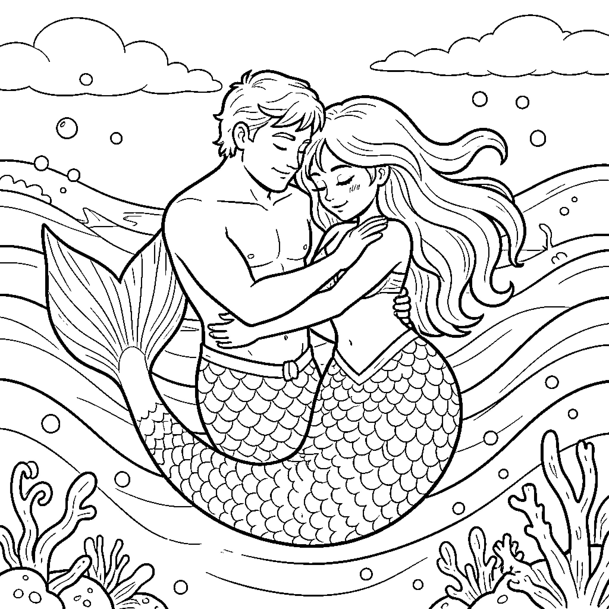 Merman and Mermaid Embracing in Underwater Scene Coloring Page (free black-and-white line drawing printable PDF for all, from beginners to advanced learners, including children, teens, adults, and seniors)