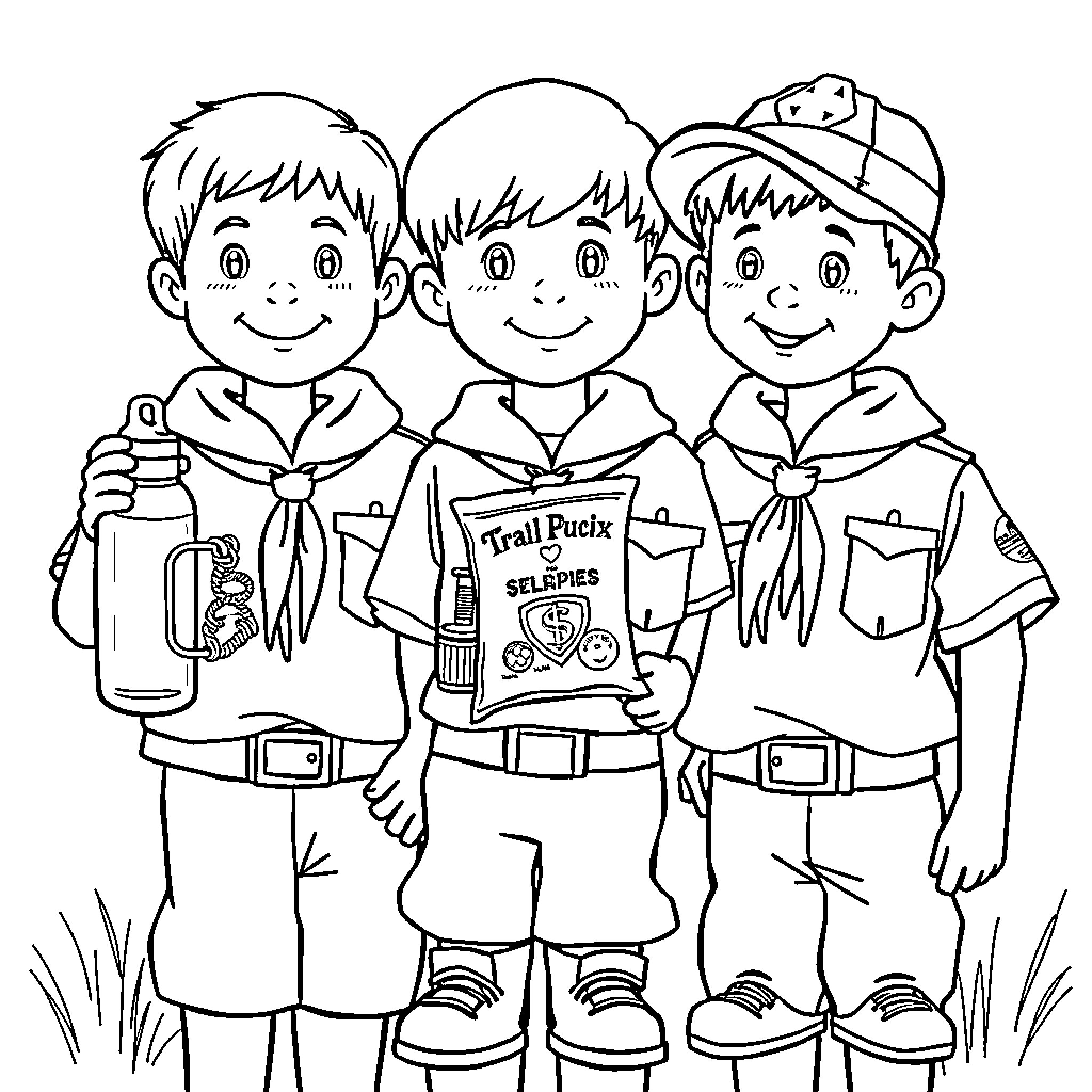 Cub Scouts Enjoying Outdoor Adventure Coloring Page (free black-and-white line drawing printable PDF for all, from beginners to advanced learners, including children, teens, adults, and seniors)