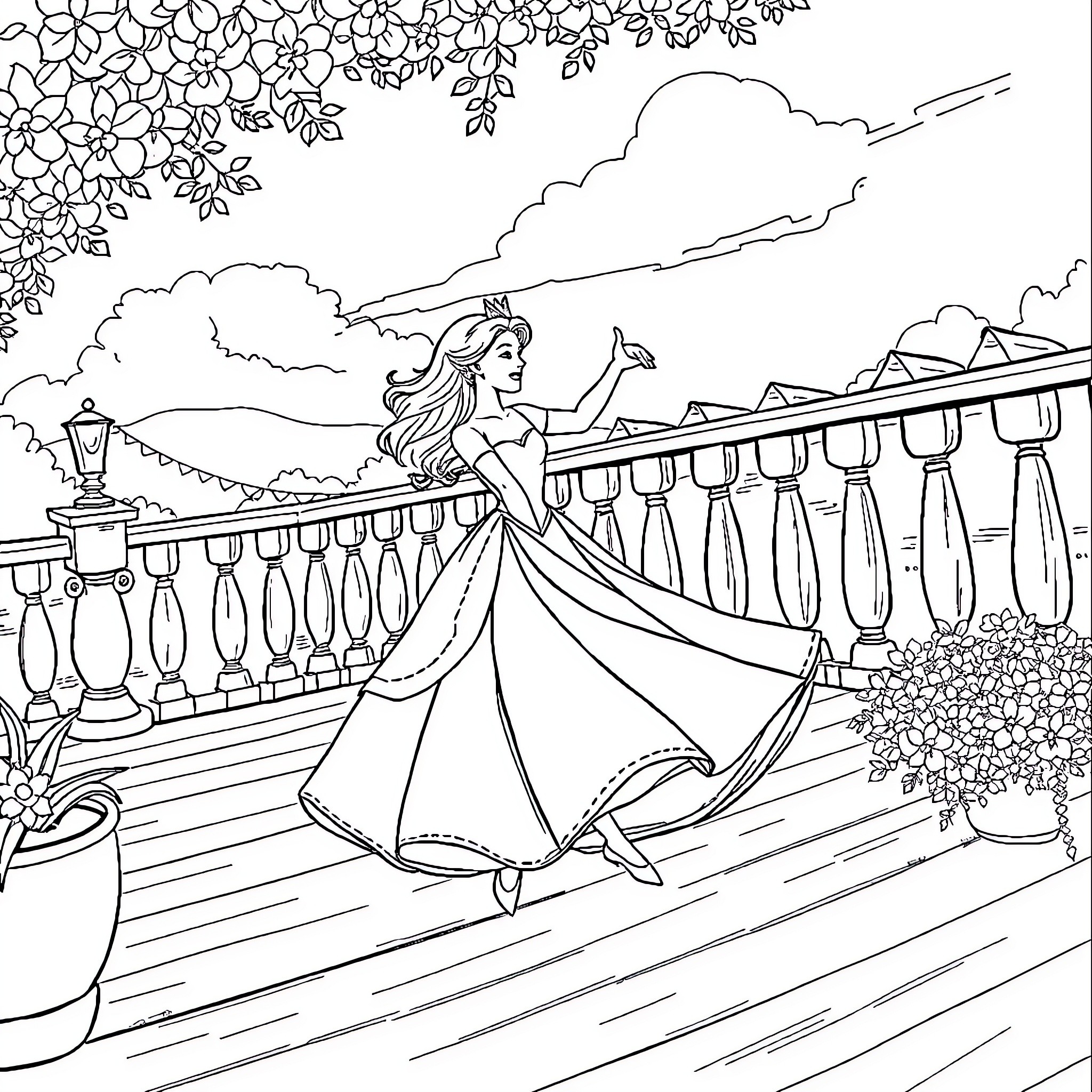 Princess enjoying the view on a balcony Coloring Page (free black-and-white line drawing printable PDF for all, from beginners to advanced learners, including children, teens, adults, and seniors)