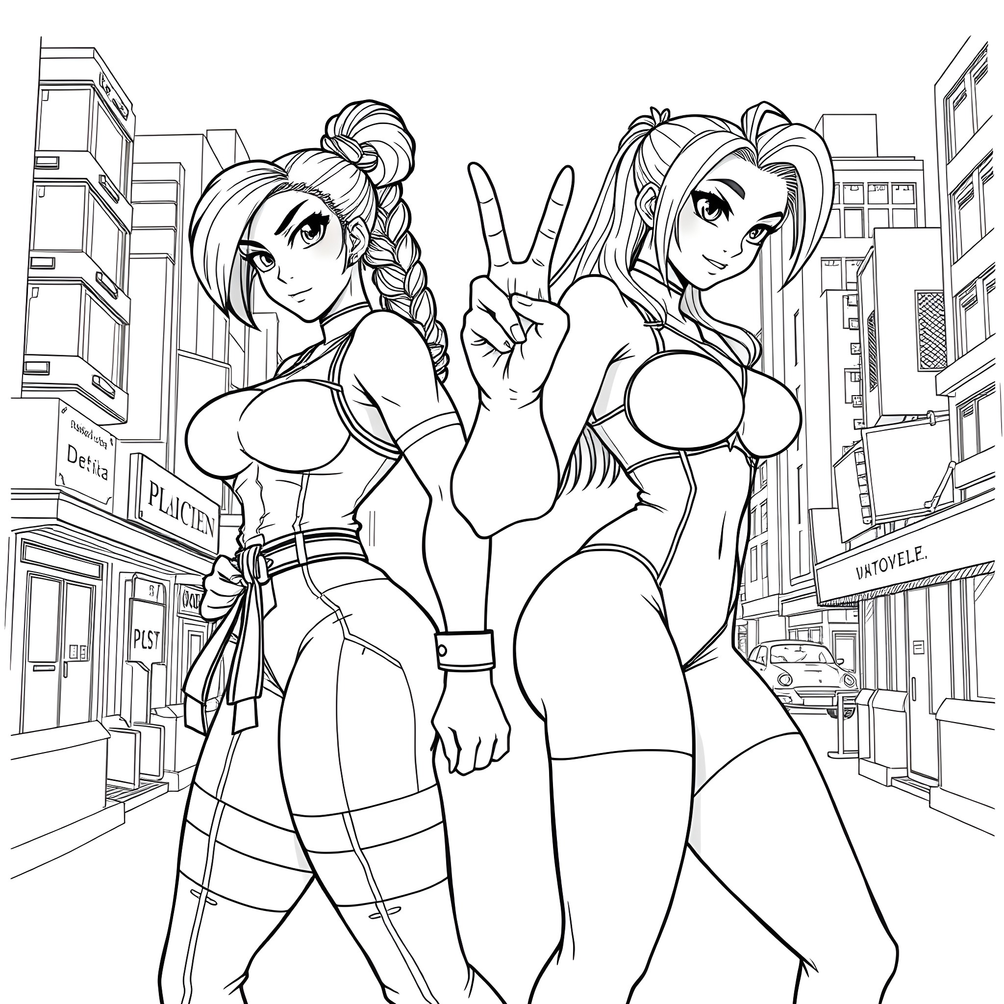 Chun Li and Friend Strike Confident Poses in Urban Scene Coloring Page (free black-and-white line drawing printable PDF for all, from beginners to advanced learners, including children, teens, adults, and seniors)