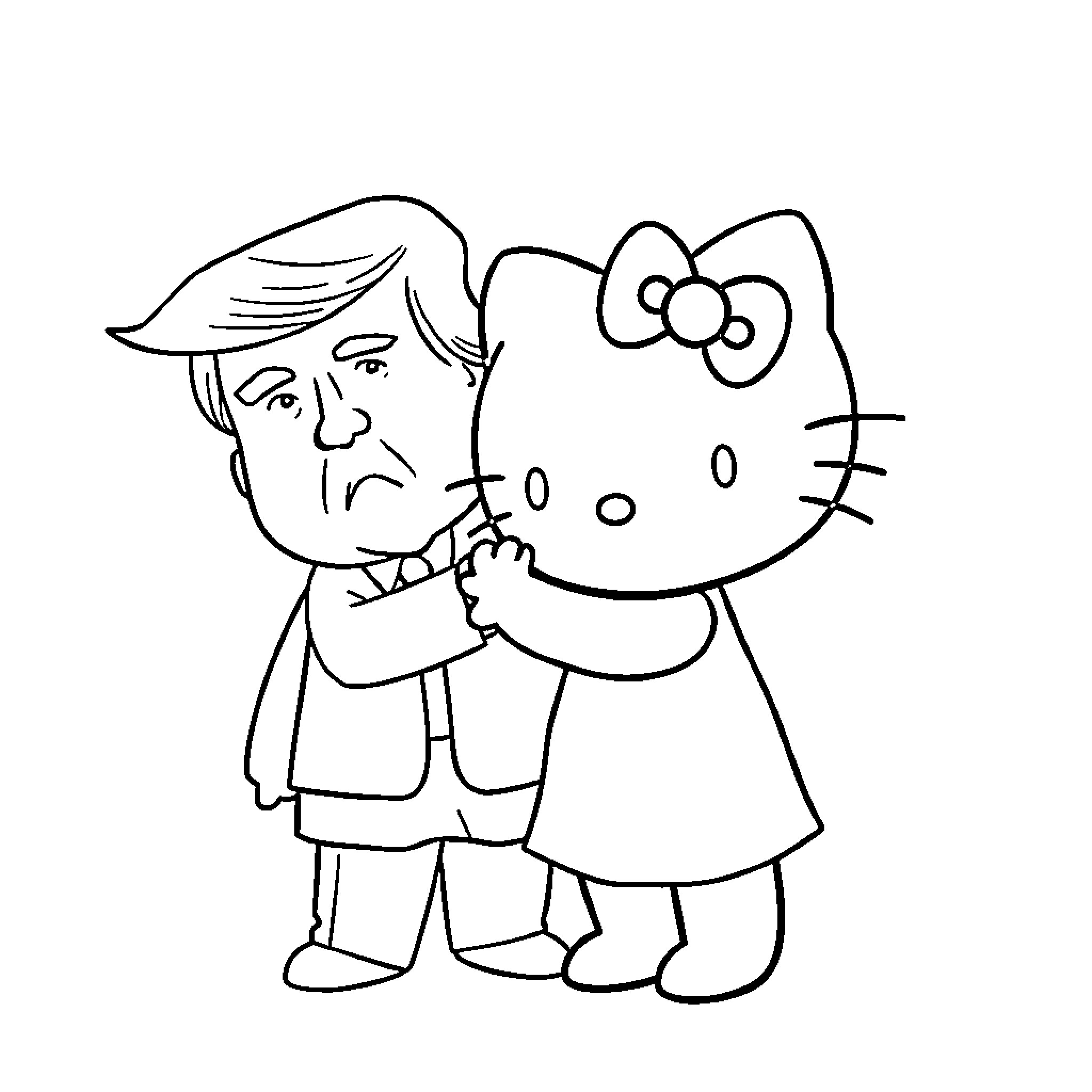 Hello Kitty meets President Coloring Page (free black-and-white line drawing printable PDF for all, from beginners to advanced learners, including children, teens, adults, and seniors)