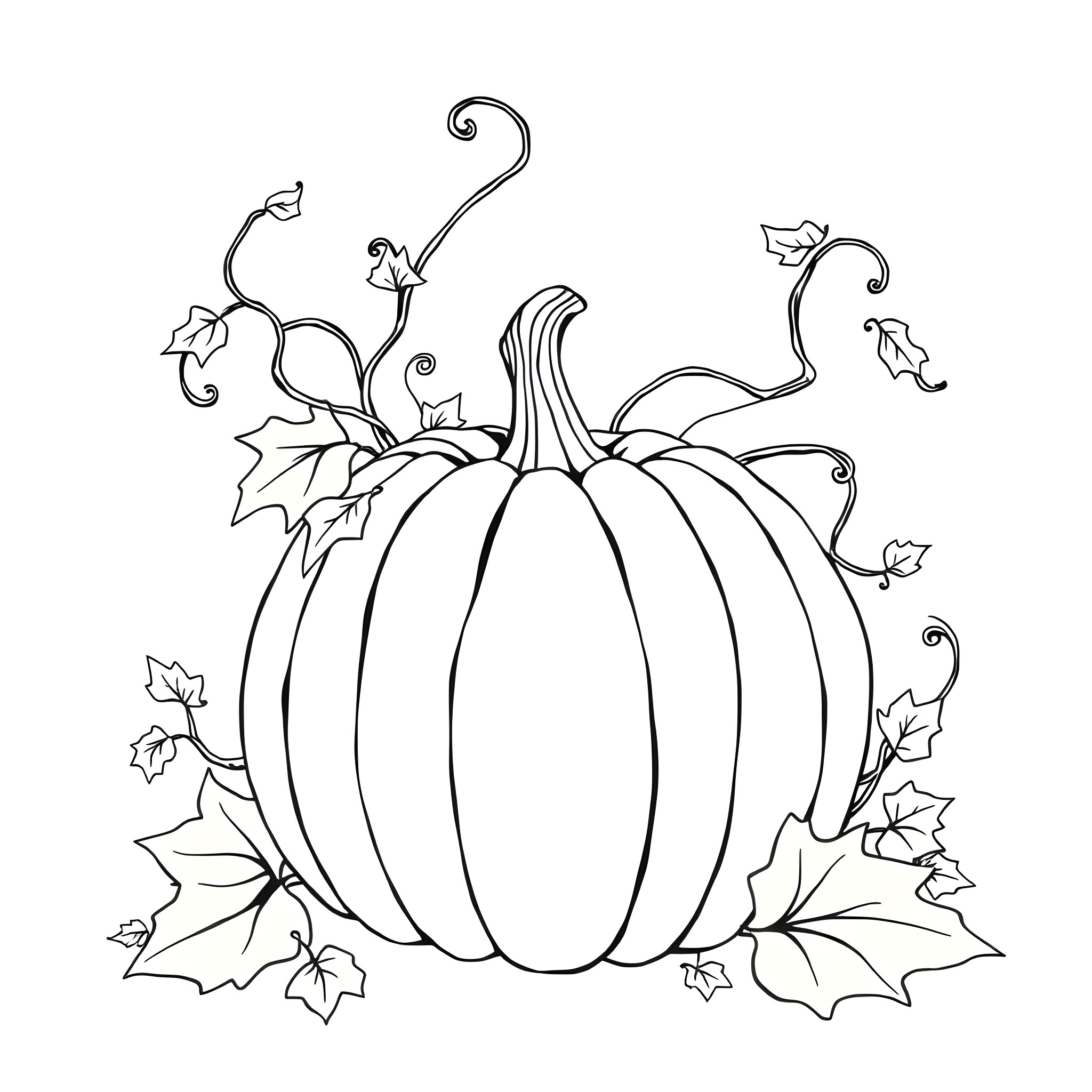 Pumpkin with swirling vines and leaves Coloring Page (free black-and-white line drawing printable PDF for all, from beginners to advanced learners, including children, teens, adults, and seniors)
