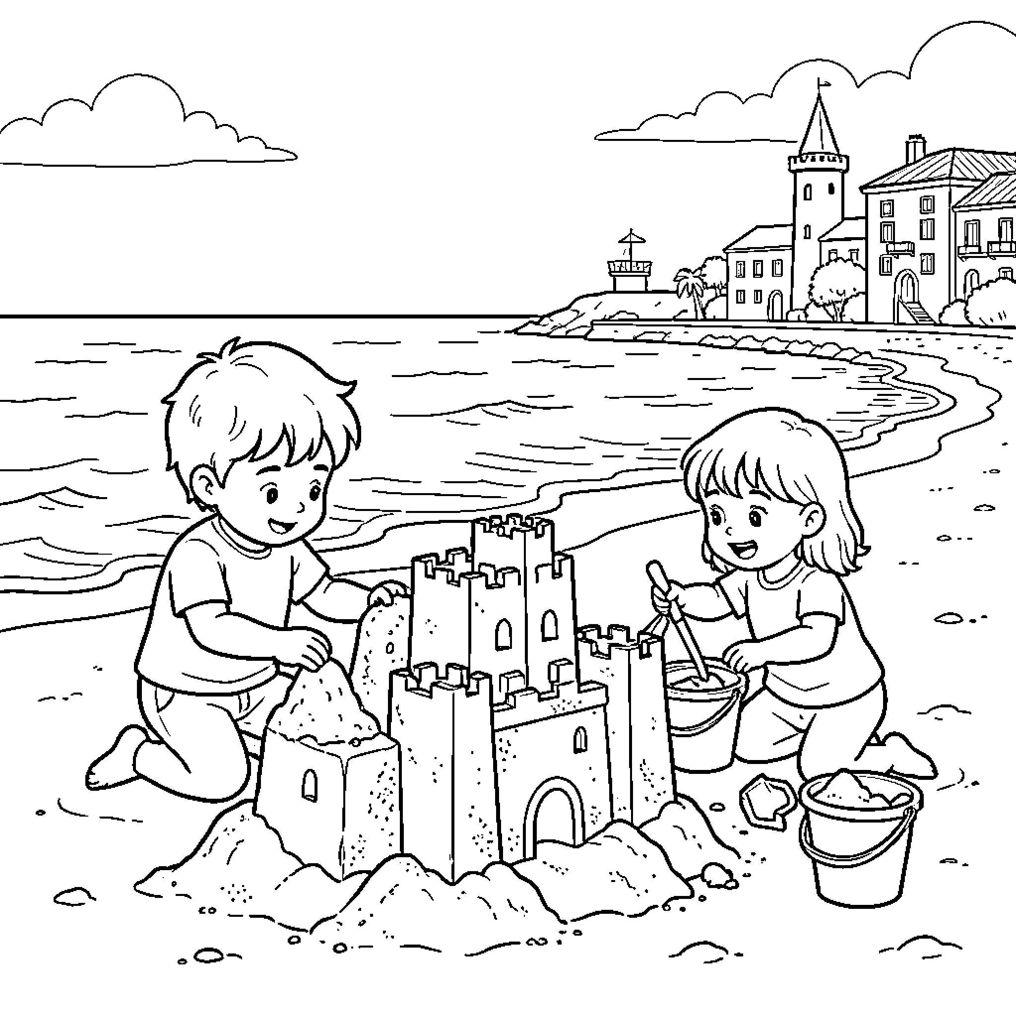 Enfant building a large sandcastle on the beach Coloring Page (free black-and-white line drawing printable PDF for all, from beginners to advanced learners, including children, teens, adults, and seniors)