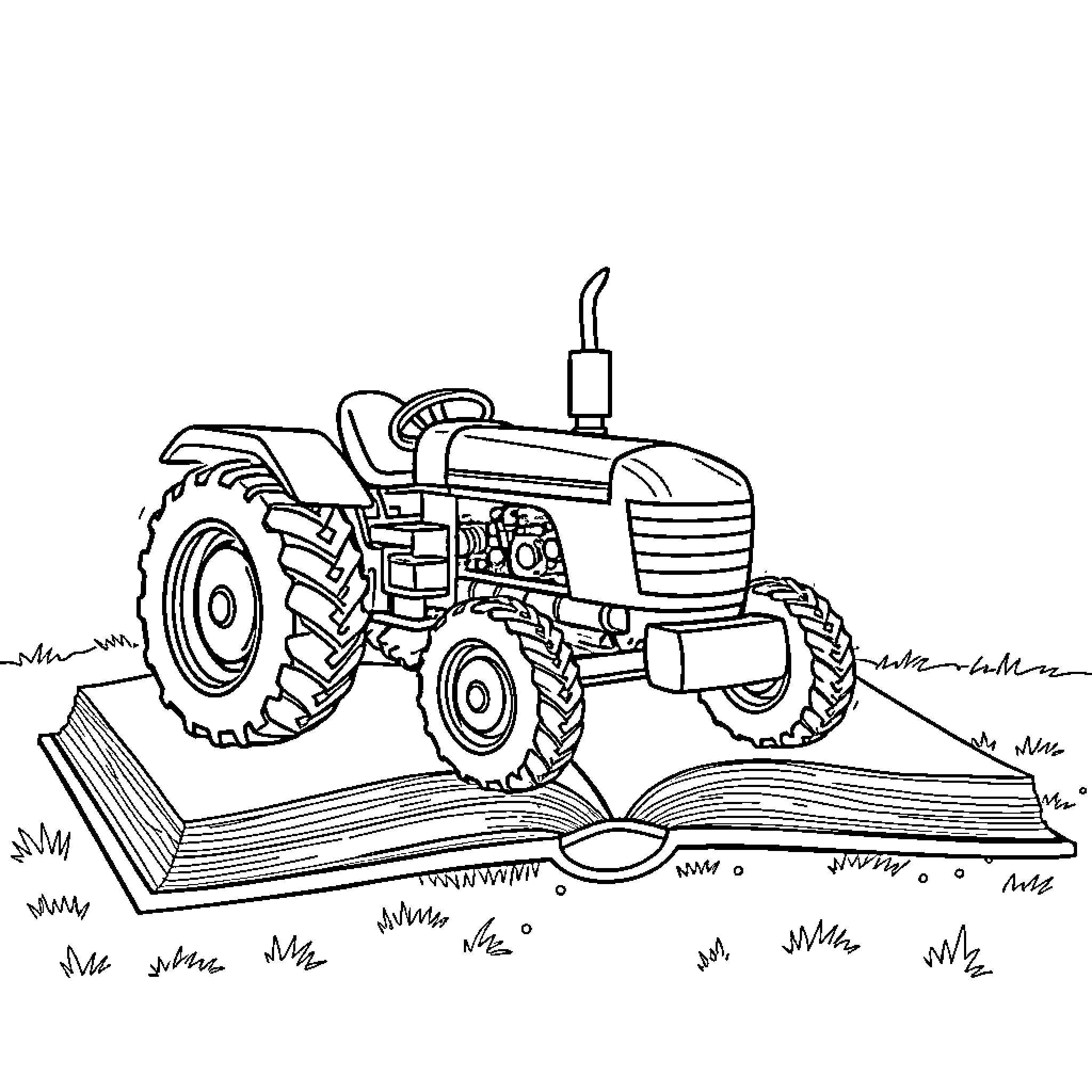 Tractor working on an open book Coloring Page (free black-and-white line drawing printable PDF for all, from beginners to advanced learners, including children, teens, adults, and seniors)