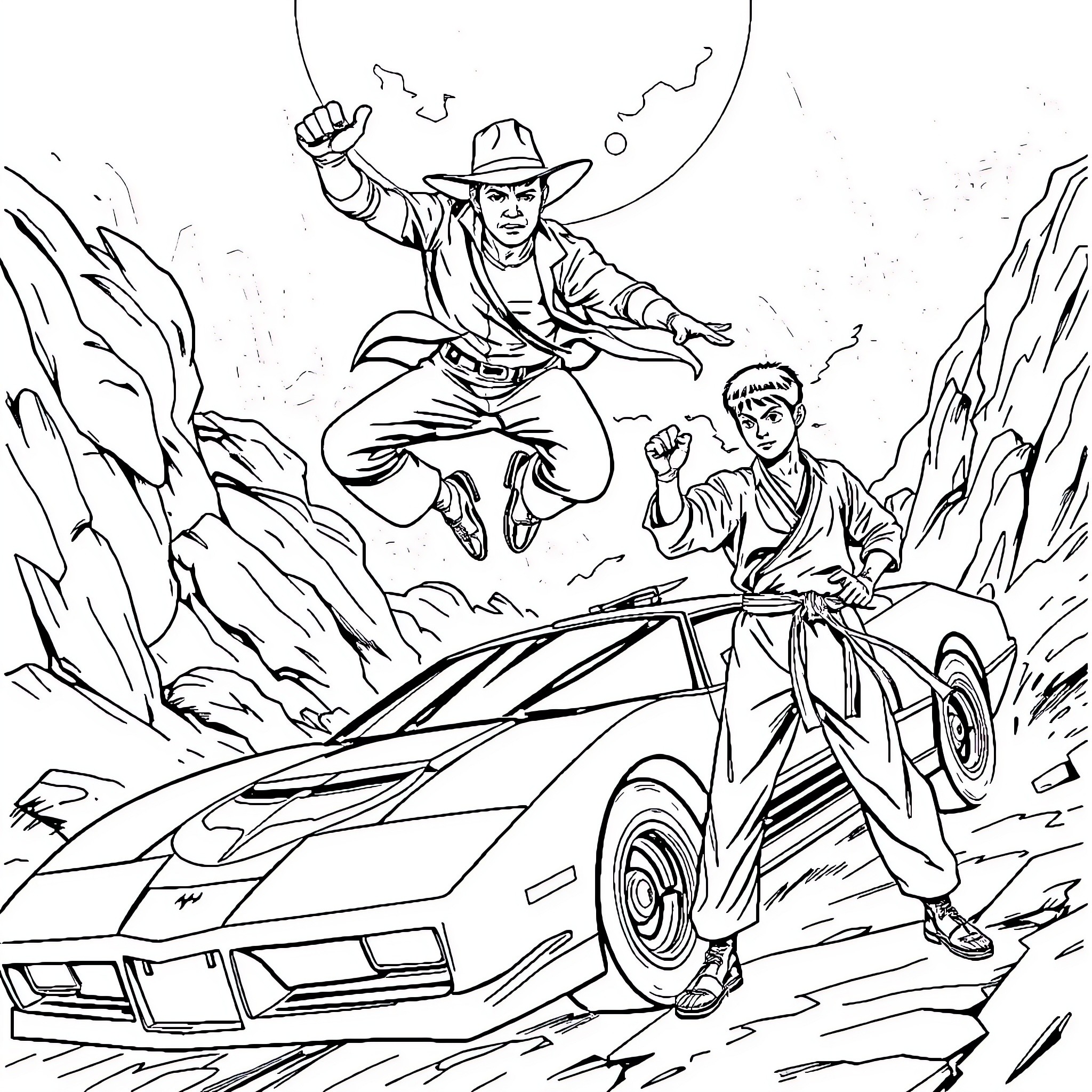 Indiana Jones Adventuring with Companion in Perilous Pursuit Coloring Page (free black-and-white line drawing printable PDF for all, from beginners to advanced learners, including children, teens, adults, and seniors)