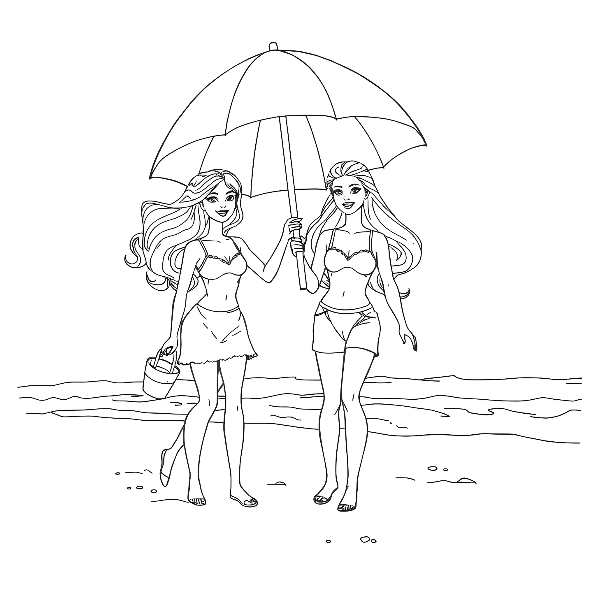 Barbie friends enjoying beach day under umbrella Coloring Page (free black-and-white line drawing printable PDF for all, from beginners to advanced learners, including children, teens, adults, and seniors)