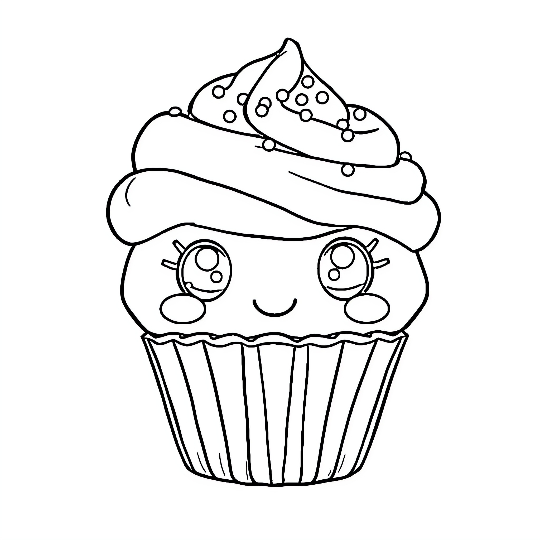 Cupcake with a happy expression Coloring Page (free black-and-white line drawing printable PDF for all, from beginners to advanced learners, including children, teens, adults, and seniors)