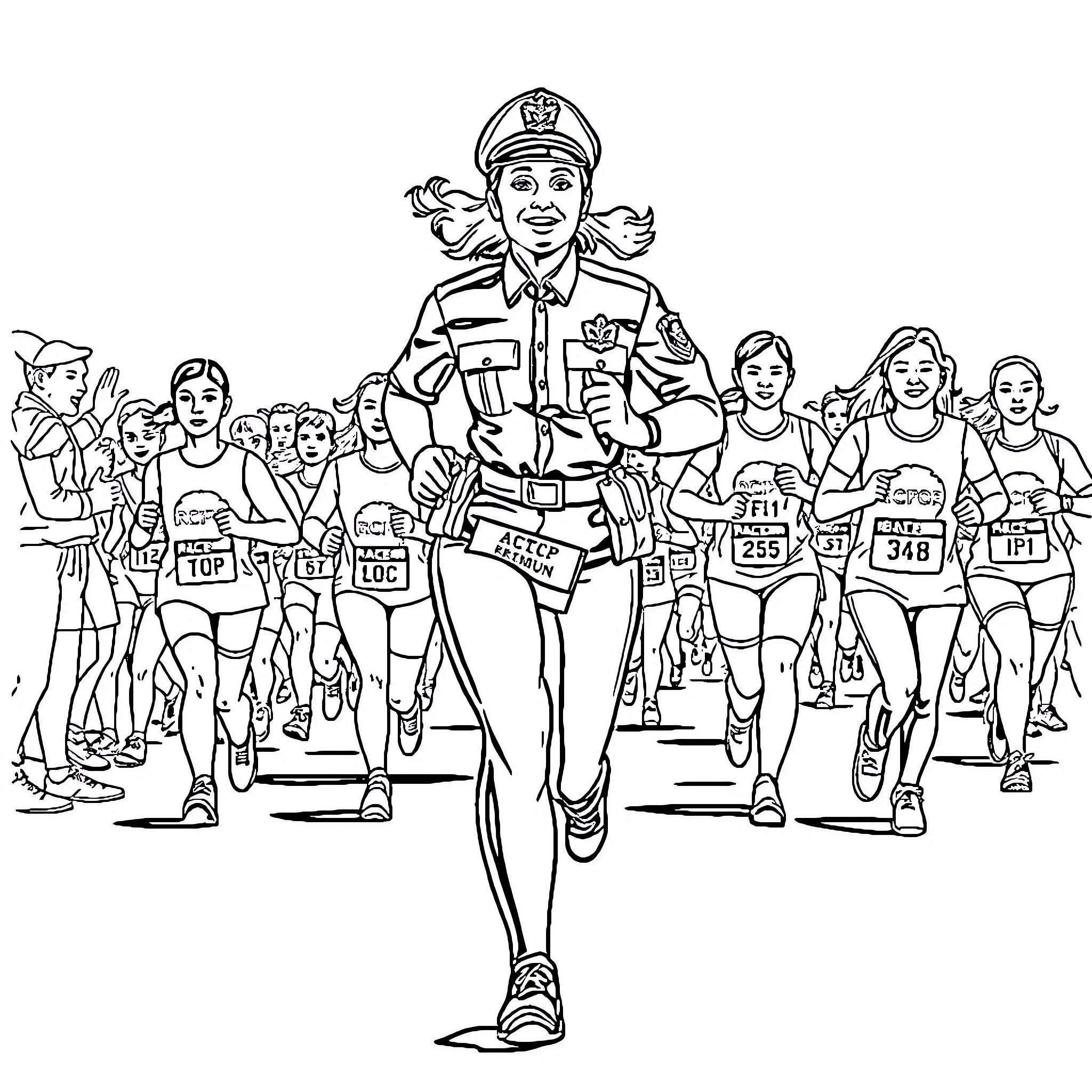 Police officer directing marathon runners Coloring Page (free black-and-white line drawing printable PDF for all, from beginners to advanced learners, including children, teens, adults, and seniors)