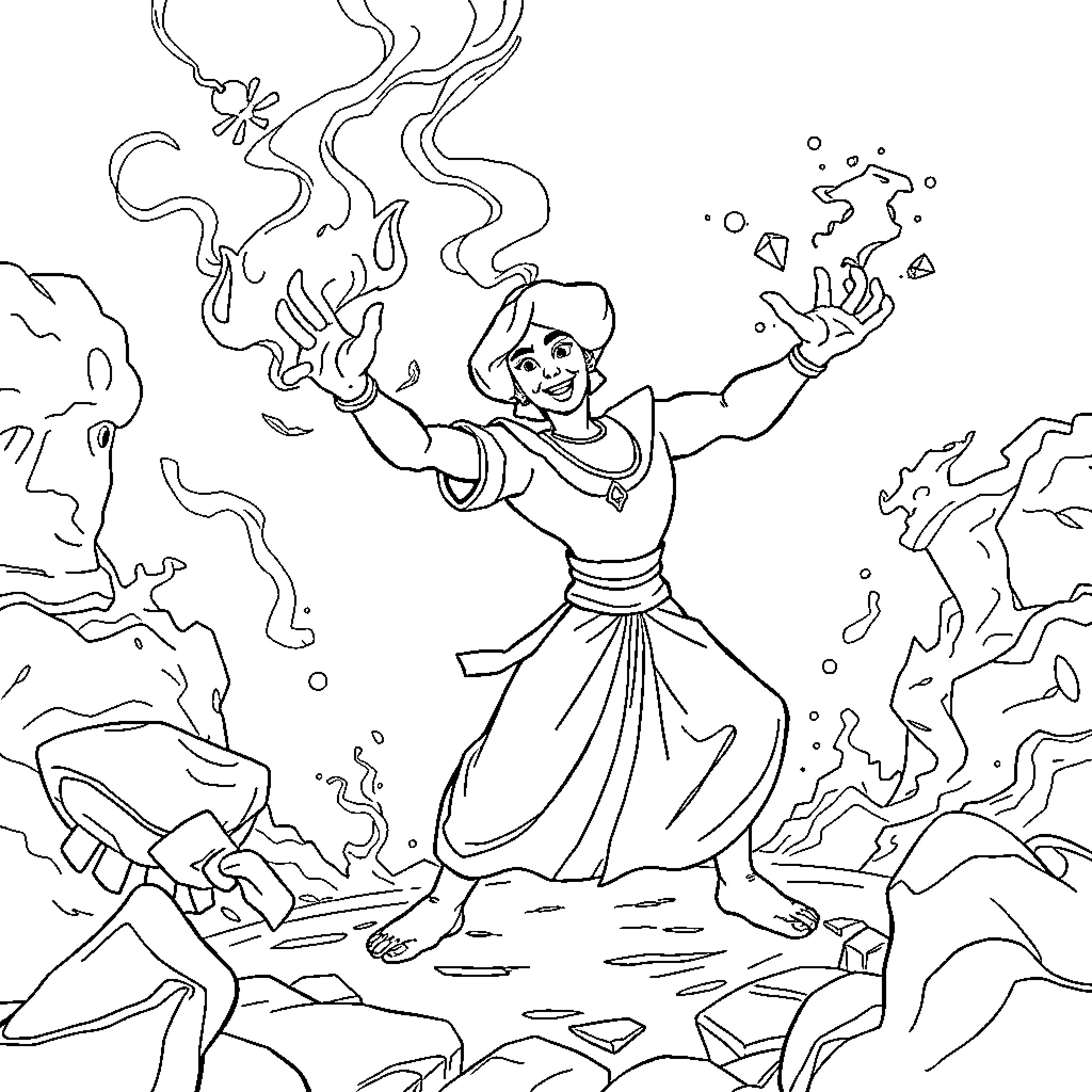 Aladdin's Magical Adventures with Enchanting Gestures Coloring Page (free black-and-white line drawing printable PDF for all, from beginners to advanced learners, including children, teens, adults, and seniors)