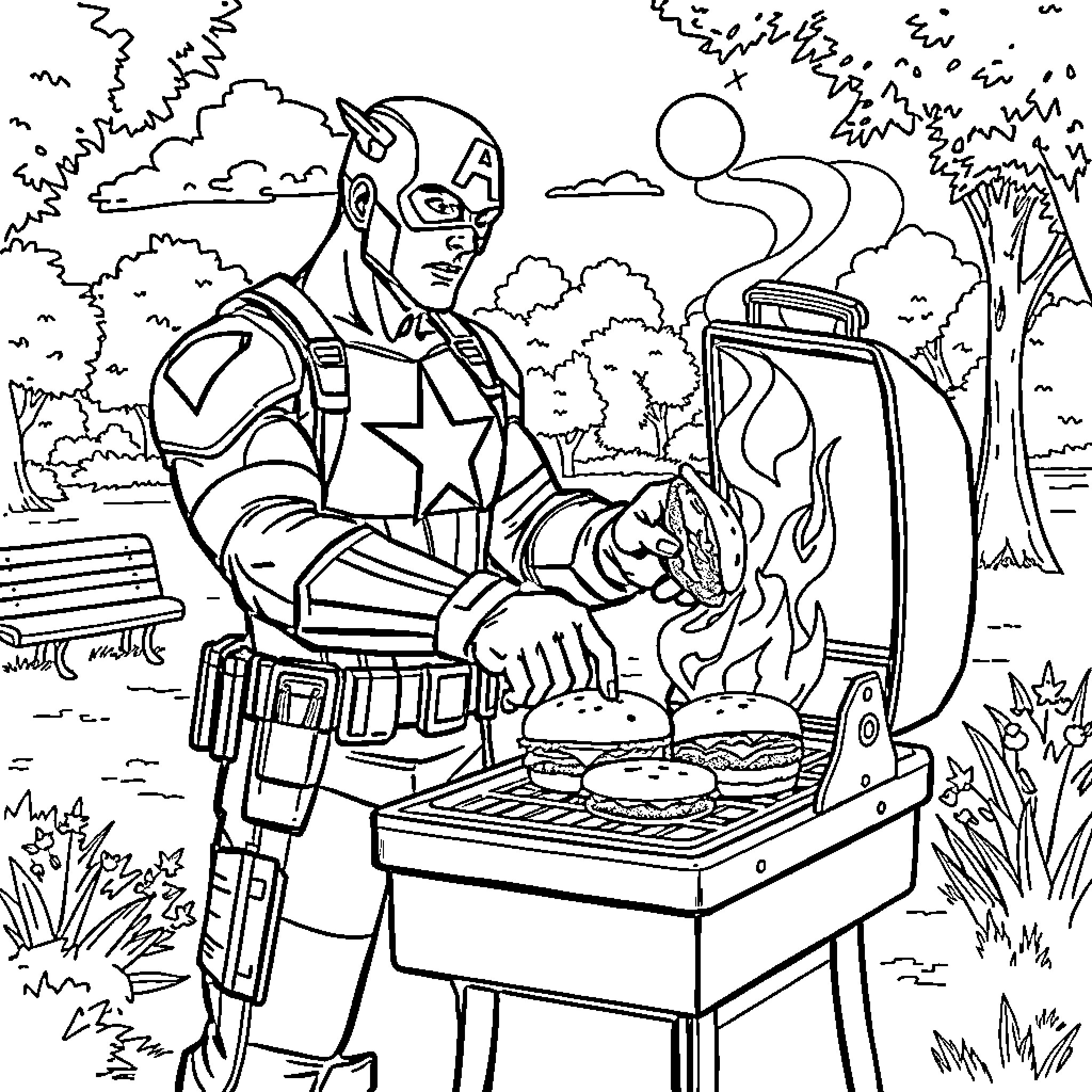 Captain America Grilling Outdoors in Nature Coloring Page (free black-and-white line drawing printable PDF for all, from beginners to advanced learners, including children, teens, adults, and seniors)