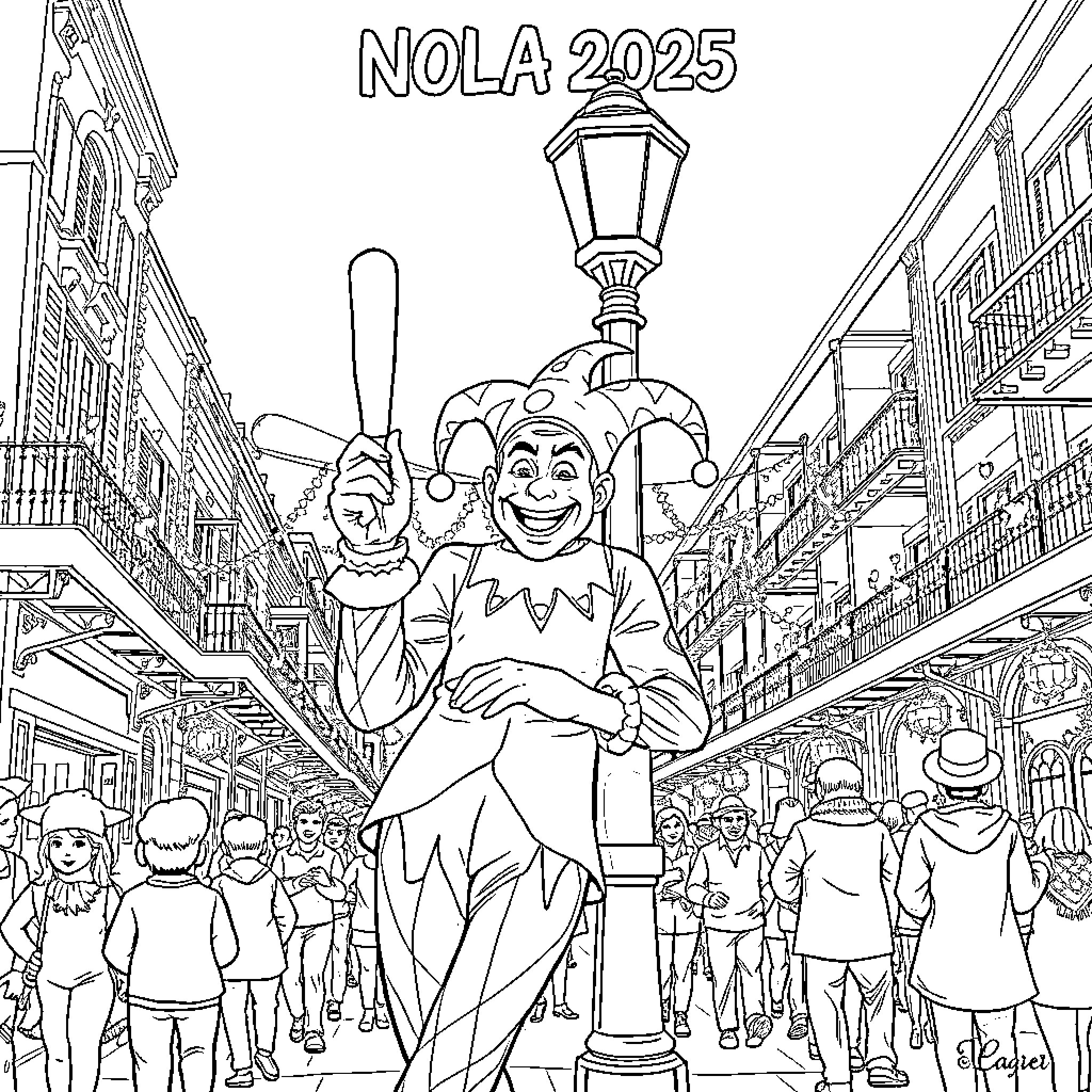 Jester performing in a busy city street Coloring Page (free black-and-white line drawing printable PDF for all, from beginners to advanced learners, including children, teens, adults, and seniors)