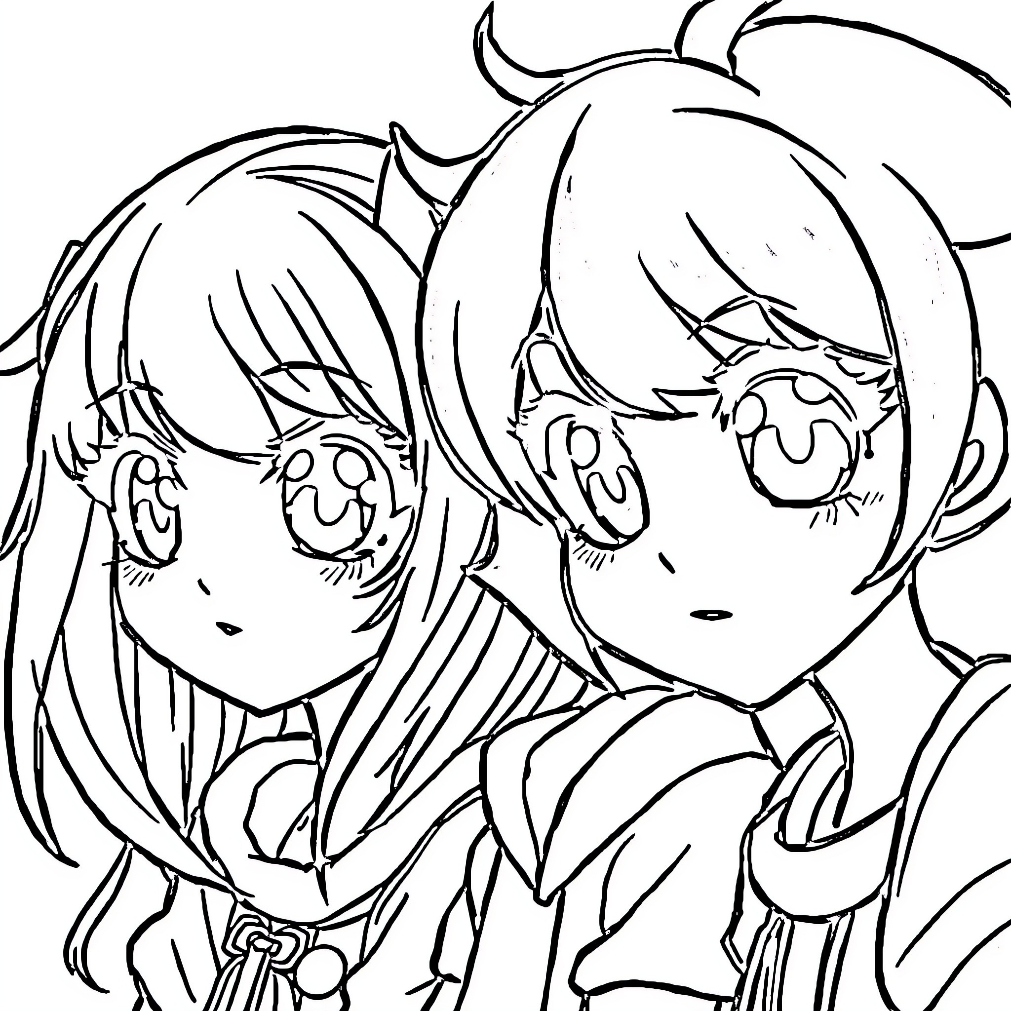 Anime girls with big eyes and expressive faces Coloring Page (free black-and-white line drawing printable PDF for all, from beginners to advanced learners, including children, teens, adults, and seniors)