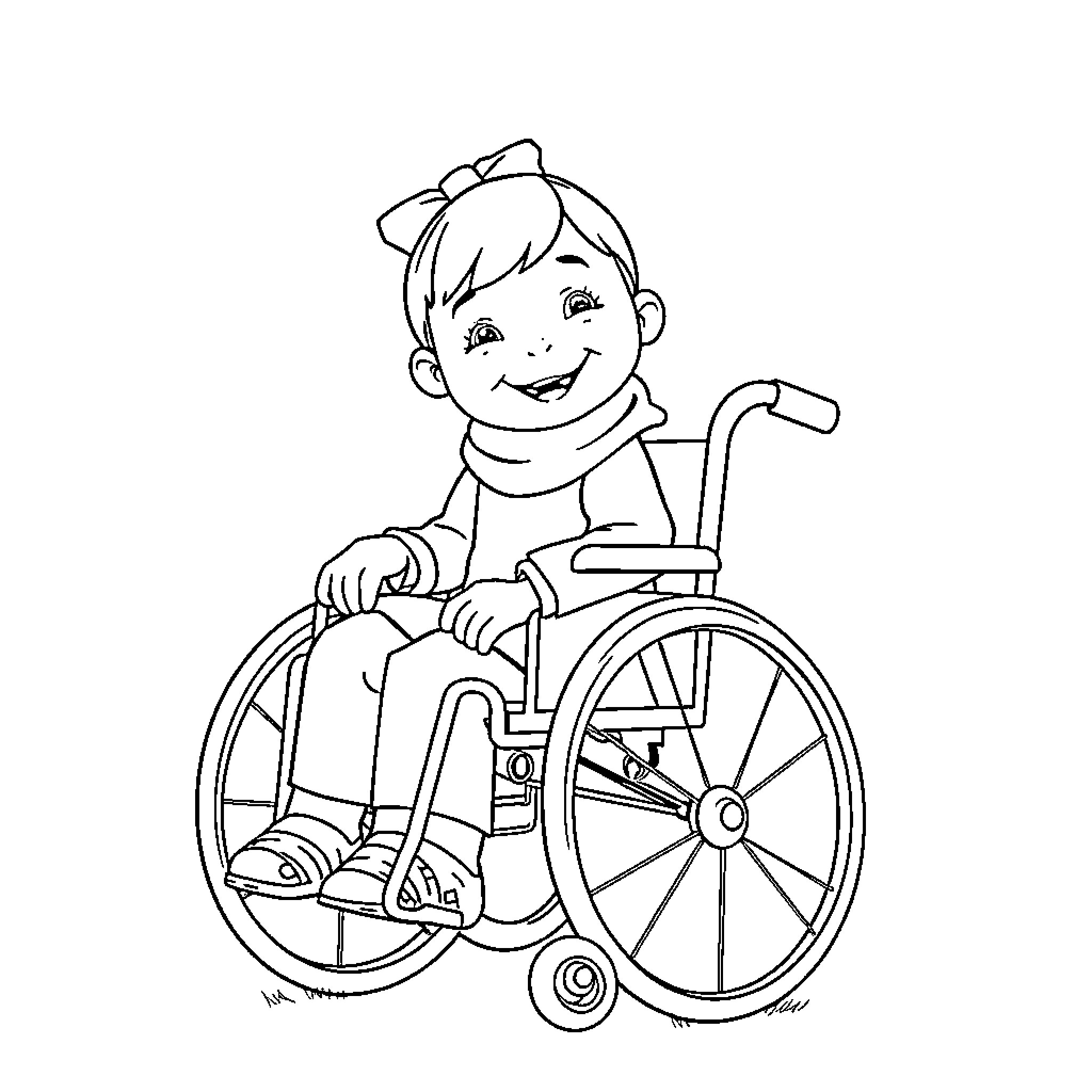 Pippi Långstrump in a wheelchair, smiling happily Coloring Page (free black-and-white line drawing printable PDF for all, from beginners to advanced learners, including children, teens, adults, and seniors)