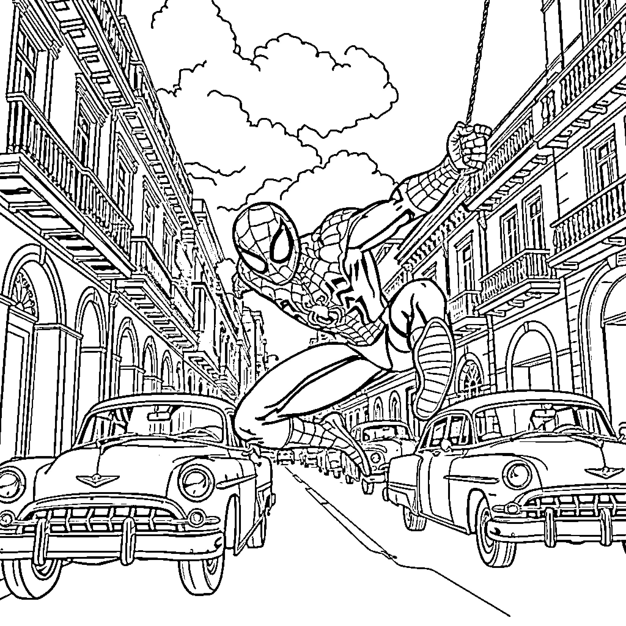 Spiderman swinging over the city streets Coloring Page (free black-and-white line drawing printable PDF for all, from beginners to advanced learners, including children, teens, adults, and seniors)