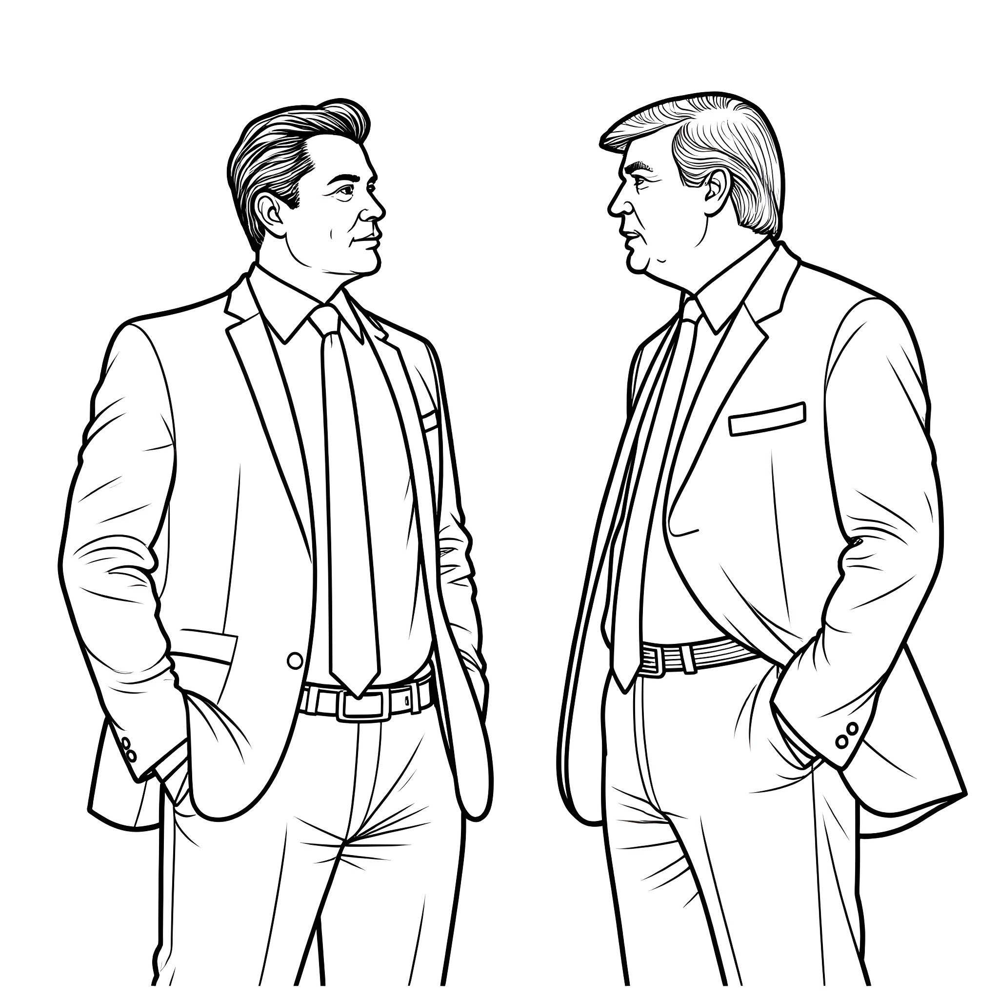 Elon Musk and business partner in formal attire Coloring Page (free black-and-white line drawing printable PDF for all, from beginners to advanced learners, including children, teens, adults, and seniors)