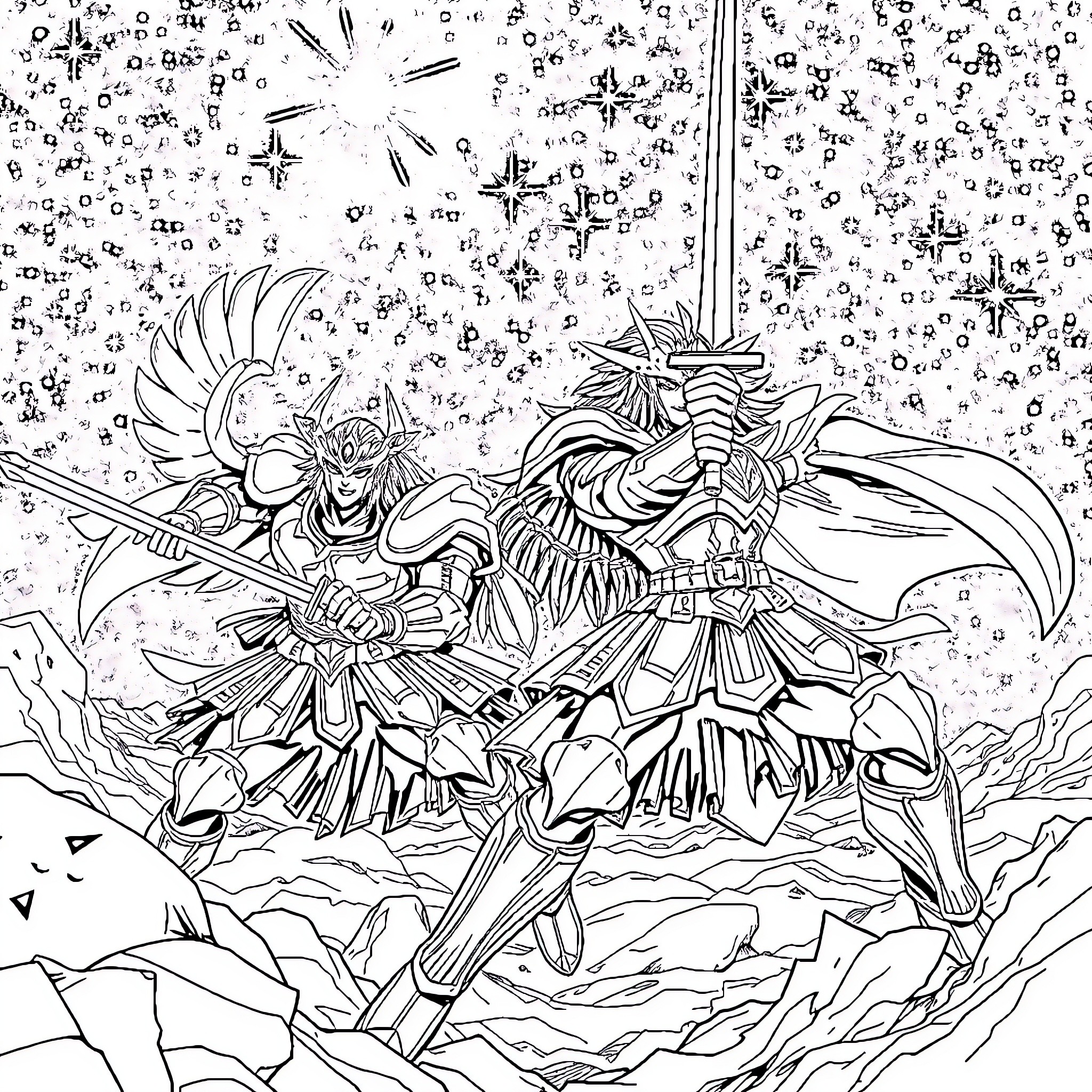 Saint Seiya: Heroic Warriors Clash in Epic Battle Coloring Page (free black-and-white line drawing printable PDF for all, from beginners to advanced learners, including children, teens, adults, and seniors)