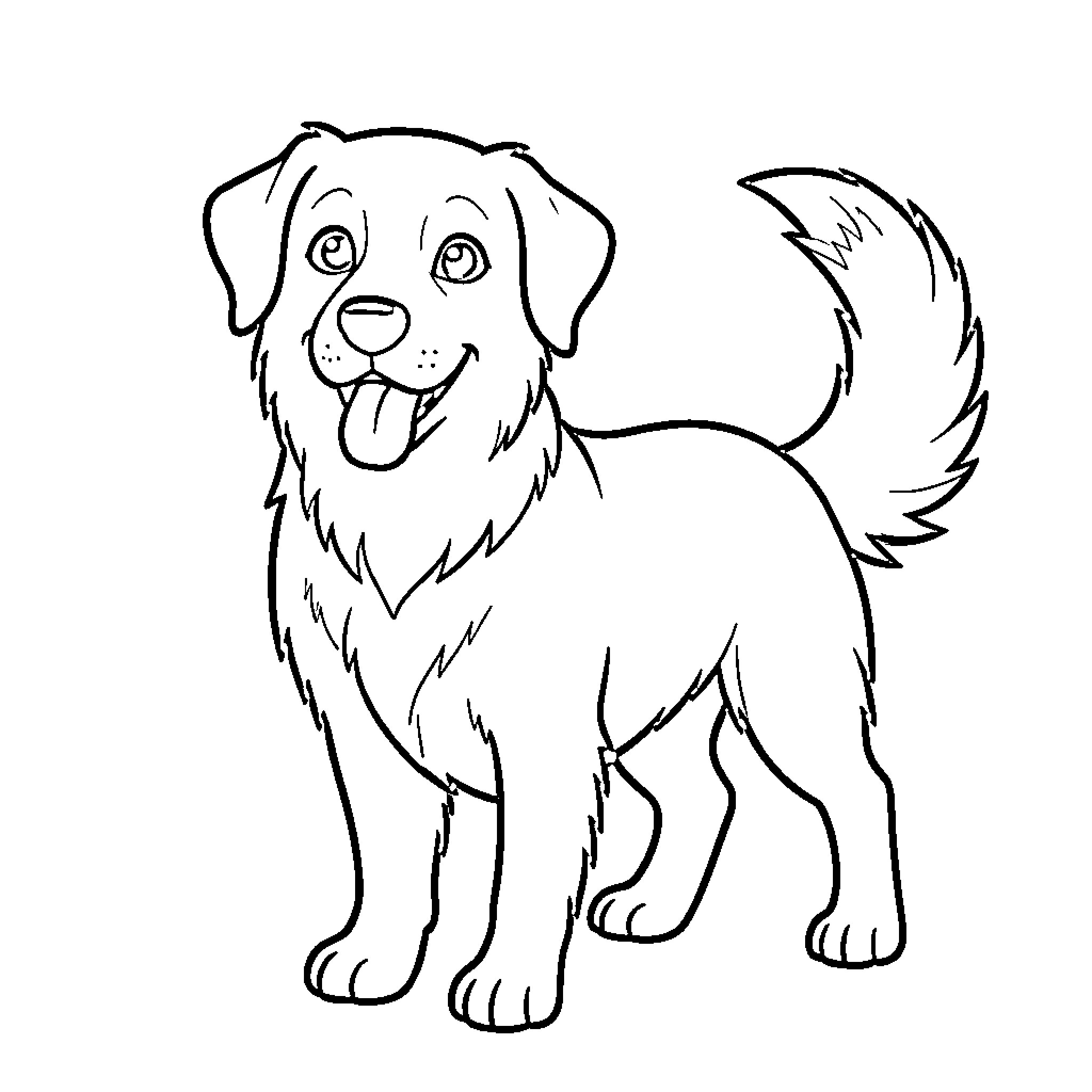 Dog standing happily with an excited expression Coloring Page (free black-and-white line drawing printable PDF for all, from beginners to advanced learners, including children, teens, adults, and seniors)