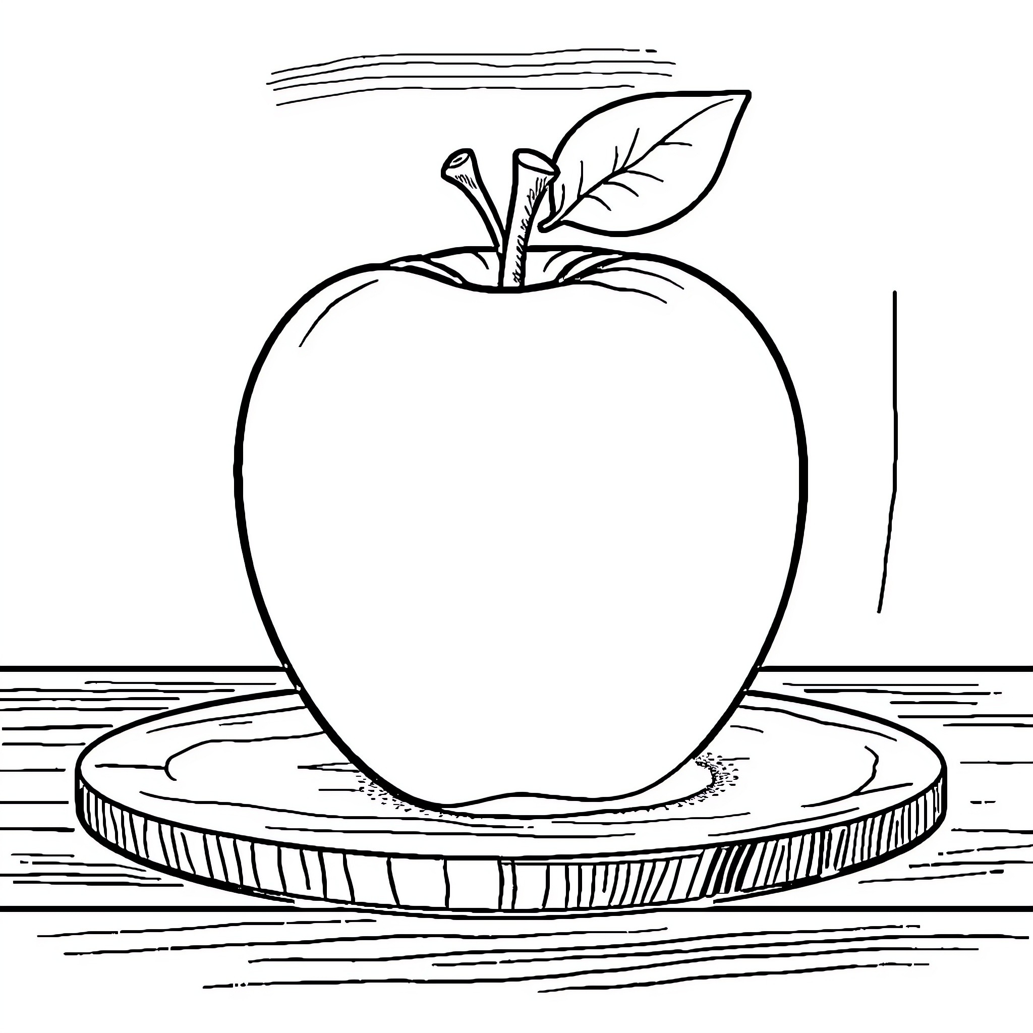Apple on wooden cutting board Coloring Page (free black-and-white line drawing printable PDF for all, from beginners to advanced learners, including children, teens, adults, and seniors)
