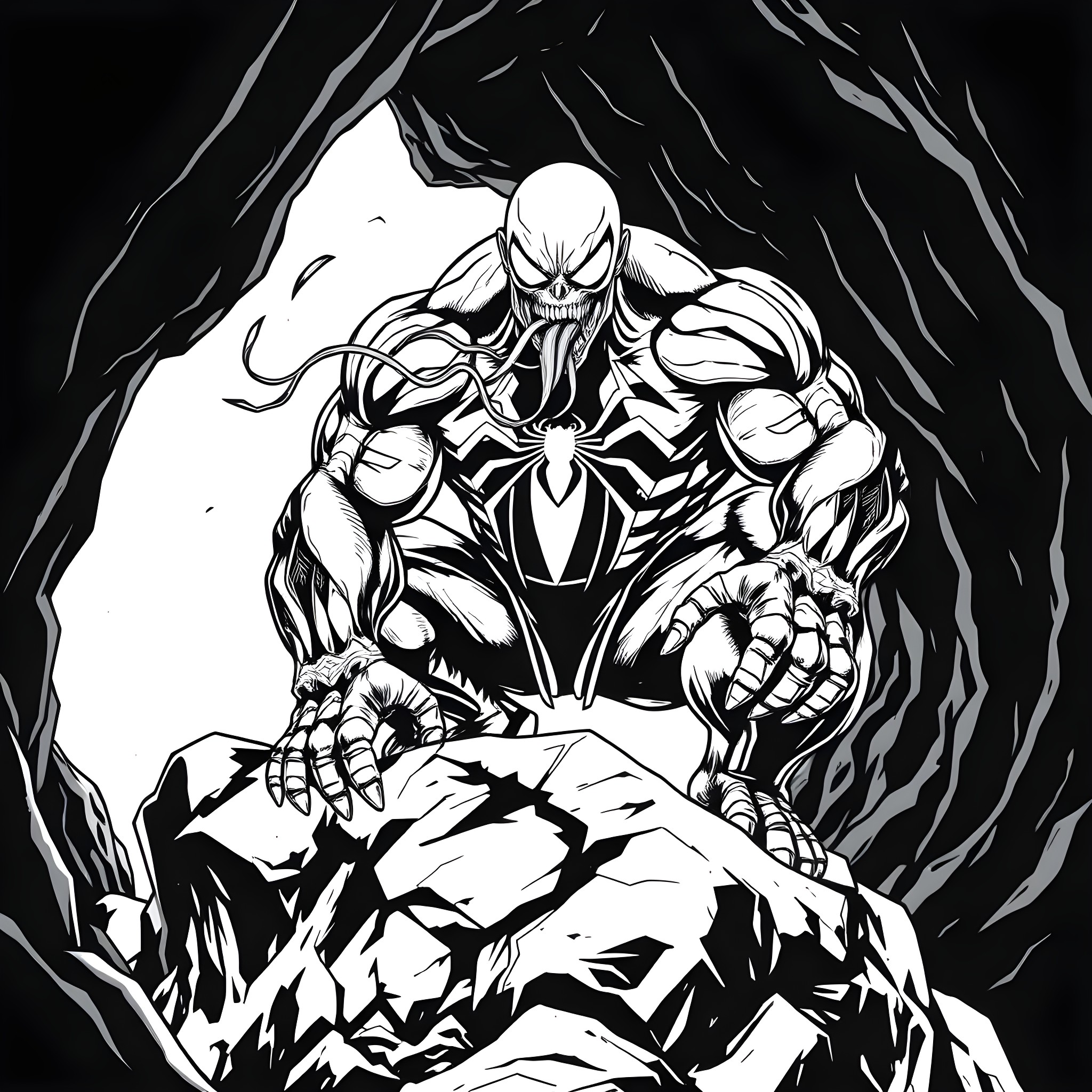 Venom Unleashing Ferocious Power in Darkness Coloring Page (free black-and-white line drawing printable PDF for all, from beginners to advanced learners, including children, teens, adults, and seniors)