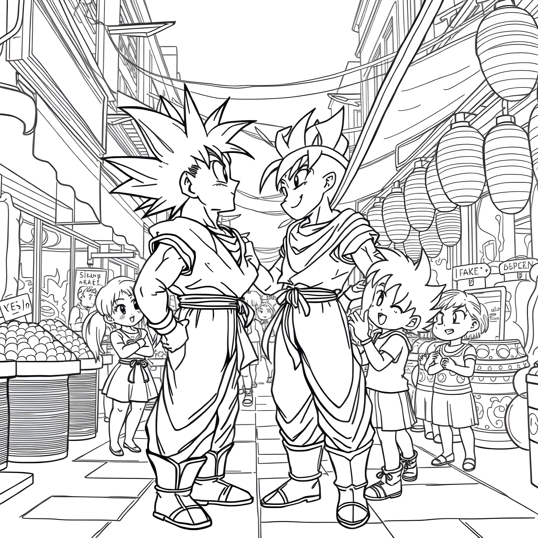 Son Goku and Vegeta in a bustling marketplace Coloring Page (free black-and-white line drawing printable PDF for all, from beginners to advanced learners, including children, teens, adults, and seniors)