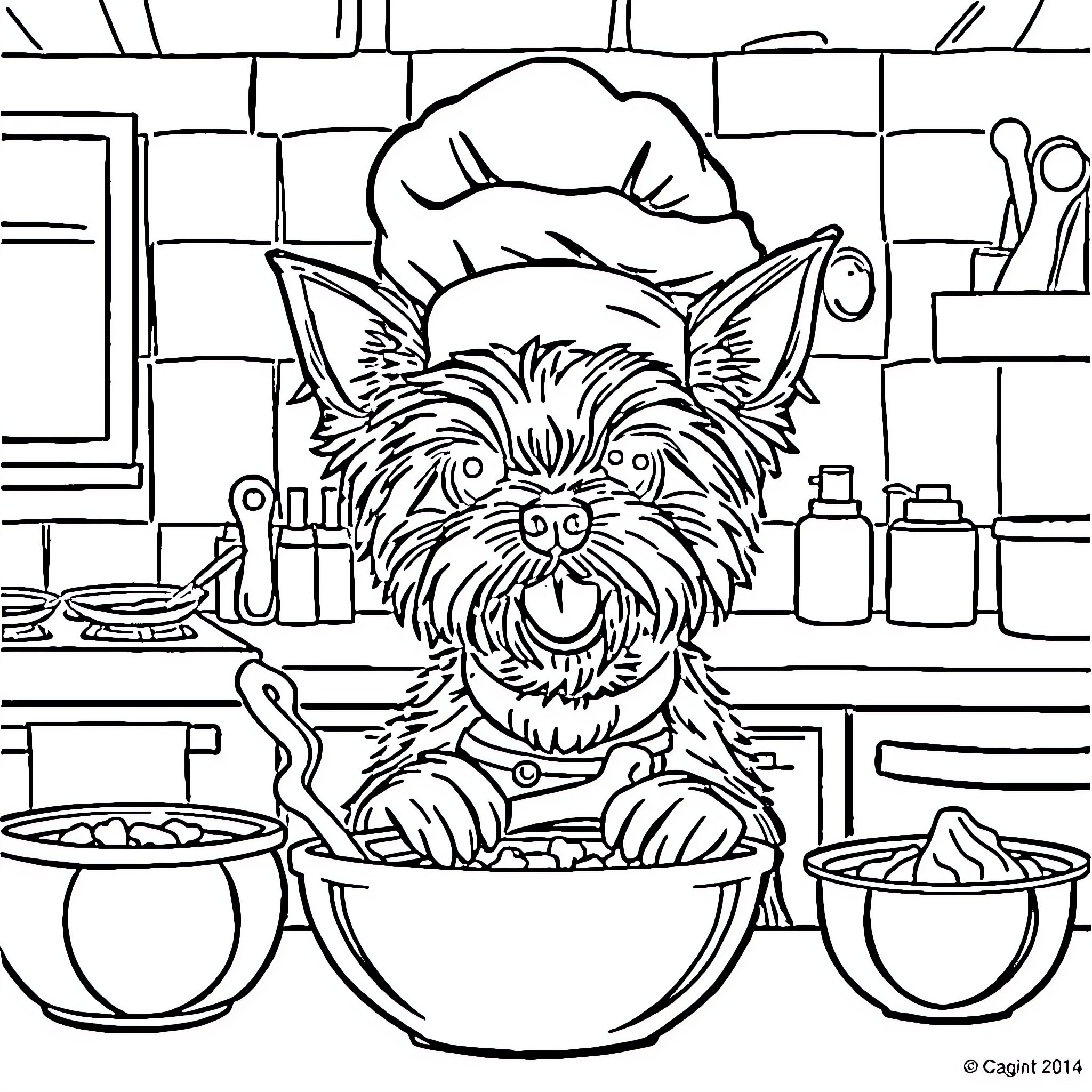 Yorkie chef cooking in the kitchen Coloring Page (free black-and-white line drawing printable PDF for all, from beginners to advanced learners, including children, teens, adults, and seniors)