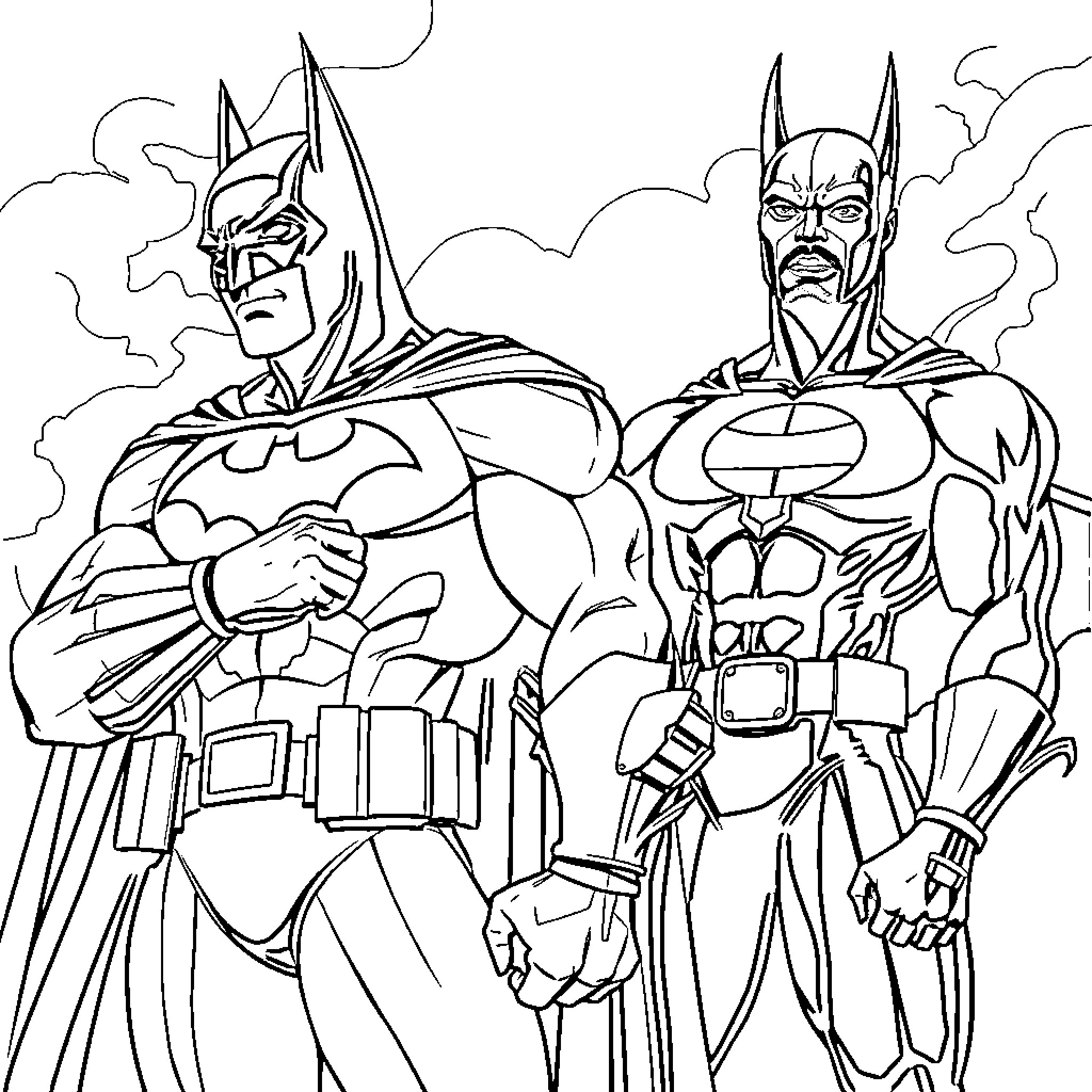 Batman in Heroic Poses with Intense Expressions Coloring Page (free black-and-white line drawing printable PDF for all, from beginners to advanced learners, including children, teens, adults, and seniors)