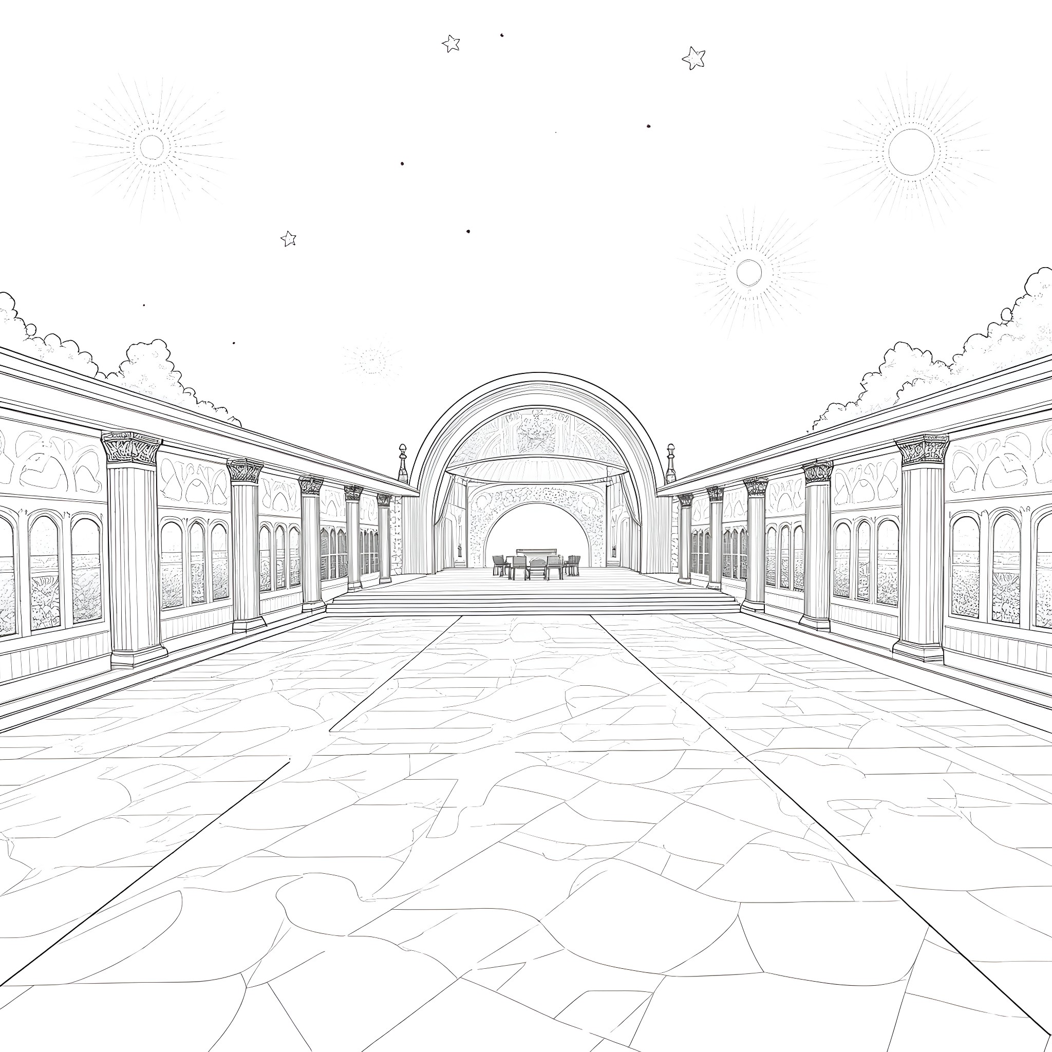 Court Scene with Ornate Architecture and Columns Coloring Page (free black-and-white line drawing printable PDF for all, from beginners to advanced learners, including children, teens, adults, and seniors)