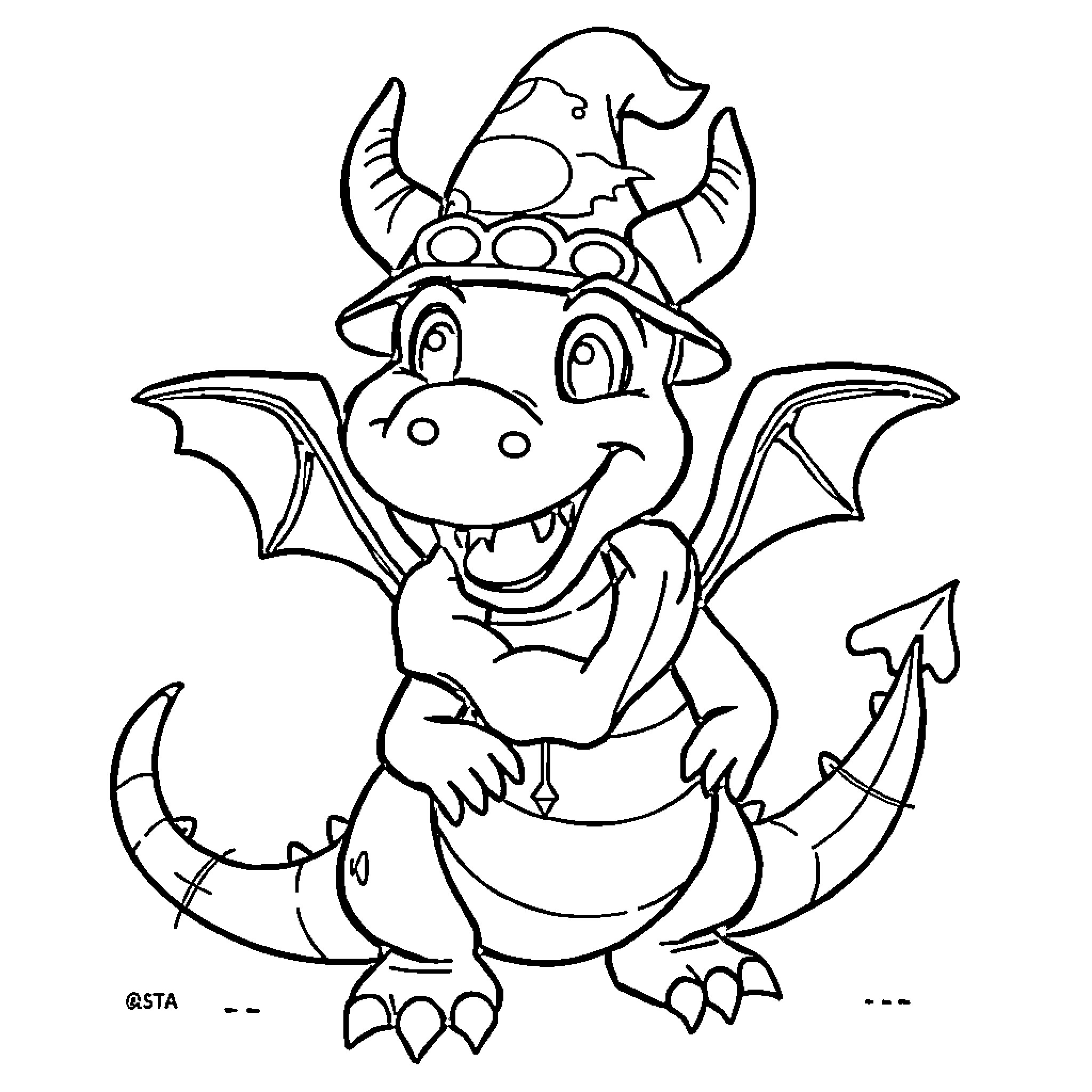 Dragon wearing a fun hat and goggles Coloring Page (free black-and-white line drawing printable PDF for all, from beginners to advanced learners, including children, teens, adults, and seniors)