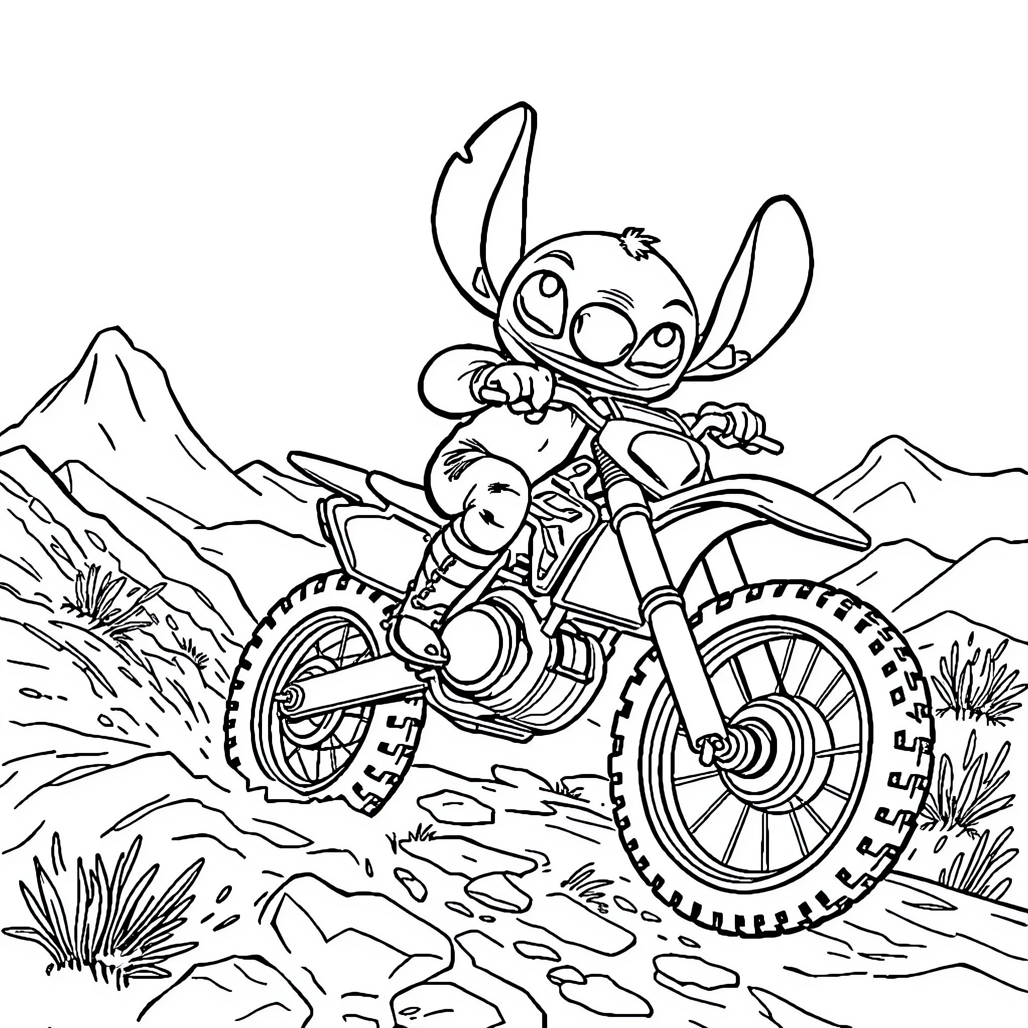 Stitch riding dirt bike through rugged terrain Coloring Page (free black-and-white line drawing printable PDF for all, from beginners to advanced learners, including children, teens, adults, and seniors)