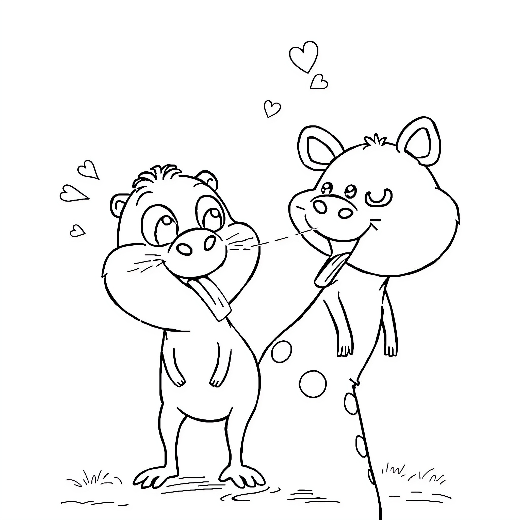 Animal friends happily together with hearts Coloring Page (free black-and-white line drawing printable PDF for all, from beginners to advanced learners, including children, teens, adults, and seniors)