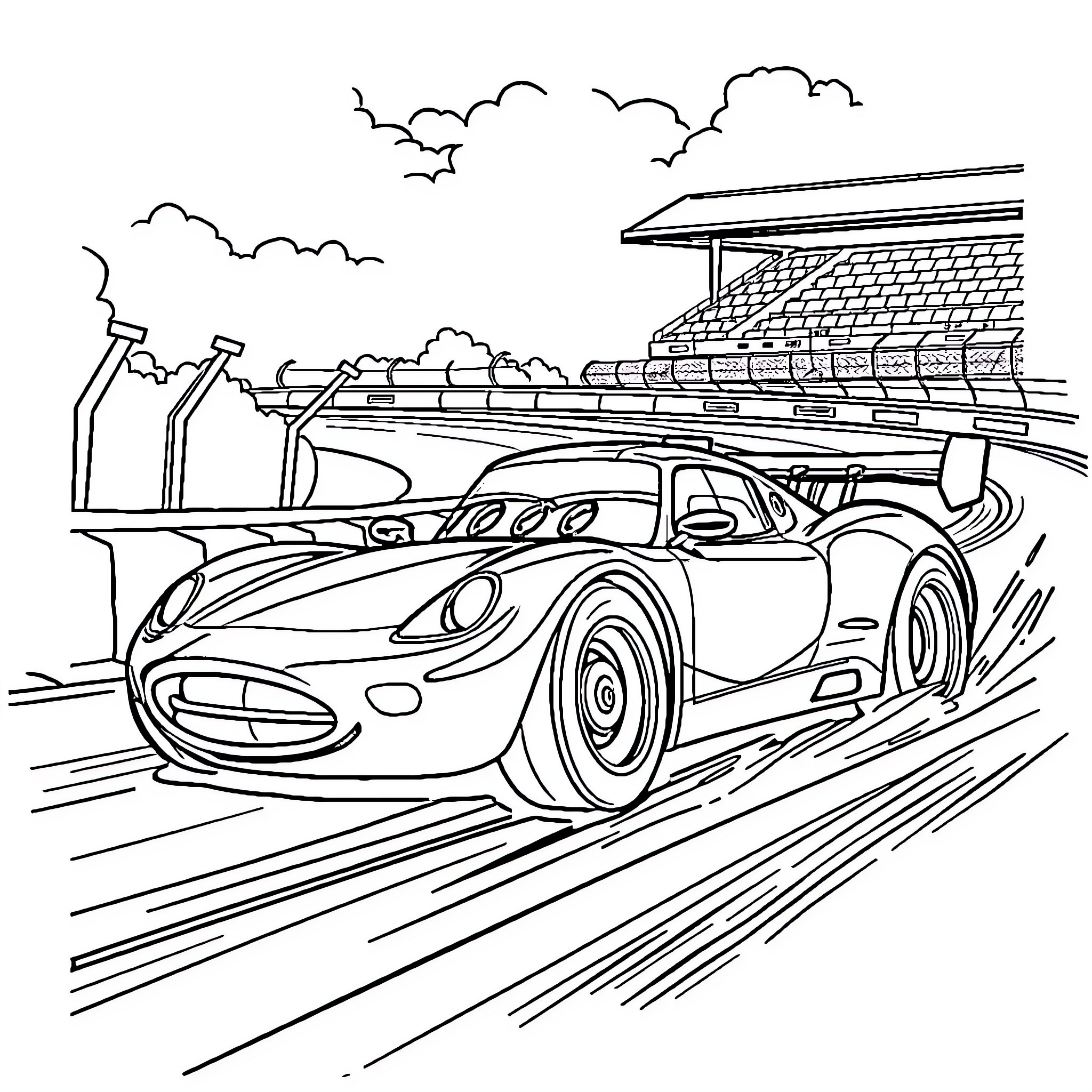 Racecar speeding through the track Coloring Page (free black-and-white line drawing printable PDF for all, from beginners to advanced learners, including children, teens, adults, and seniors)