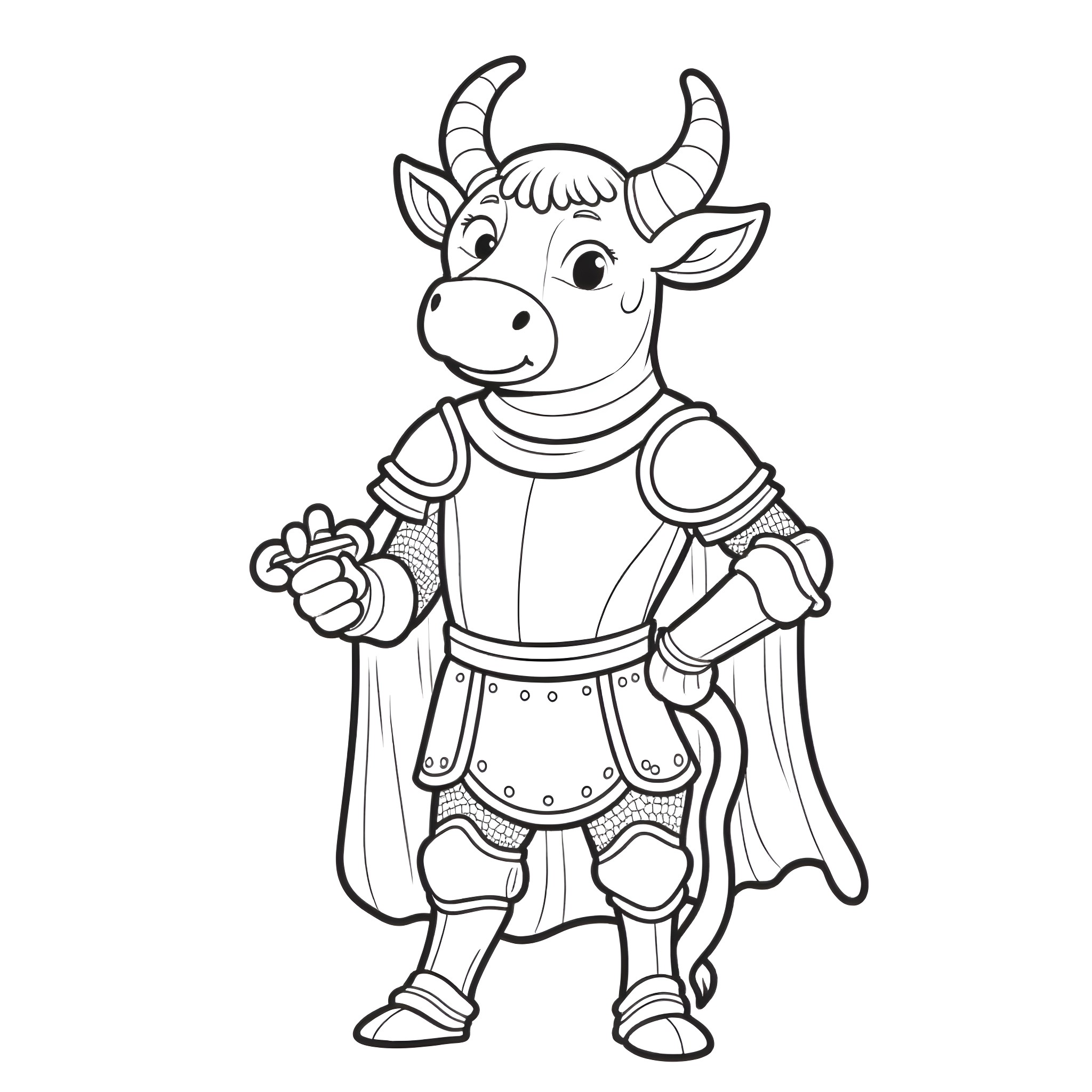 Cow character in knight-like outfit Coloring Page (free black-and-white line drawing printable PDF for all, from beginners to advanced learners, including children, teens, adults, and seniors)