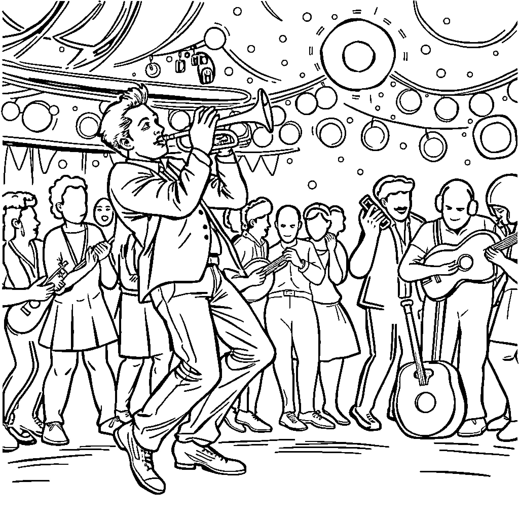 Man playing trumpet in a lively musical performance Coloring Page (free black-and-white line drawing printable PDF for all, from beginners to advanced learners, including children, teens, adults, and seniors)