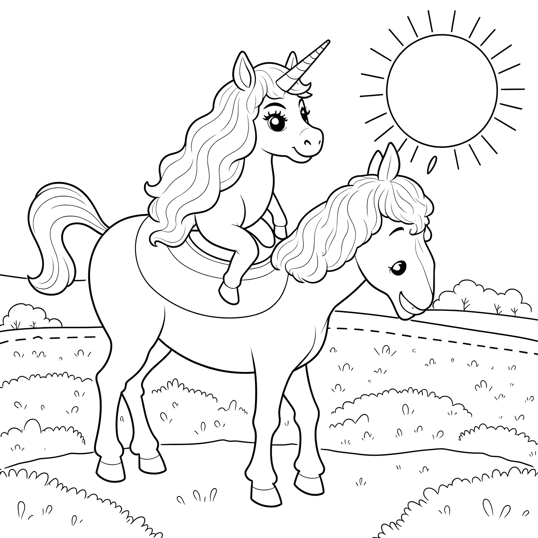 Unicorn riding a horse in a sunny meadow Coloring Page (free black-and-white line drawing printable PDF for all, from beginners to advanced learners, including children, teens, adults, and seniors)