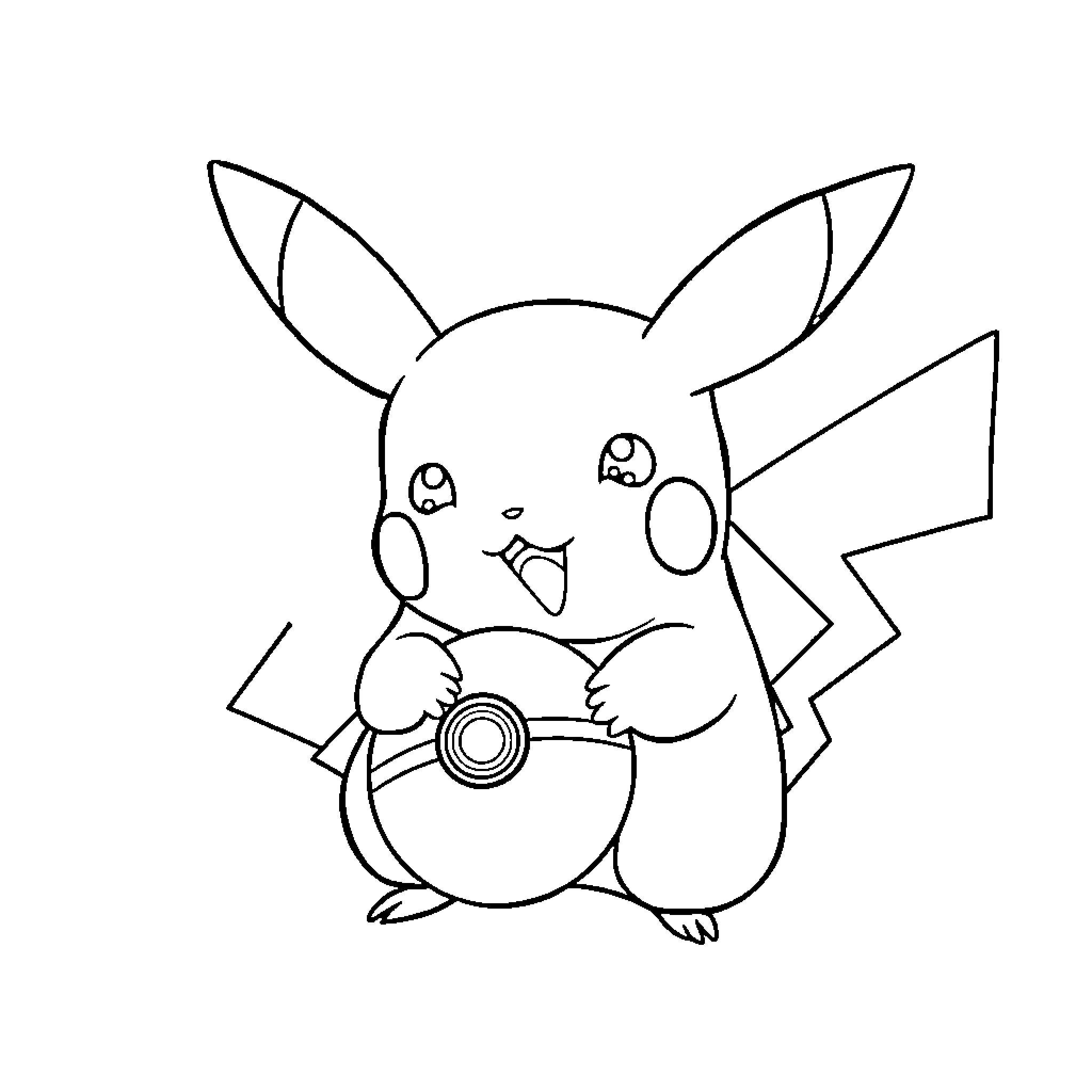 Pikachu holding and examining a Pokéball Coloring Page (free black-and-white line drawing printable PDF for all, from beginners to advanced learners, including children, teens, adults, and seniors)