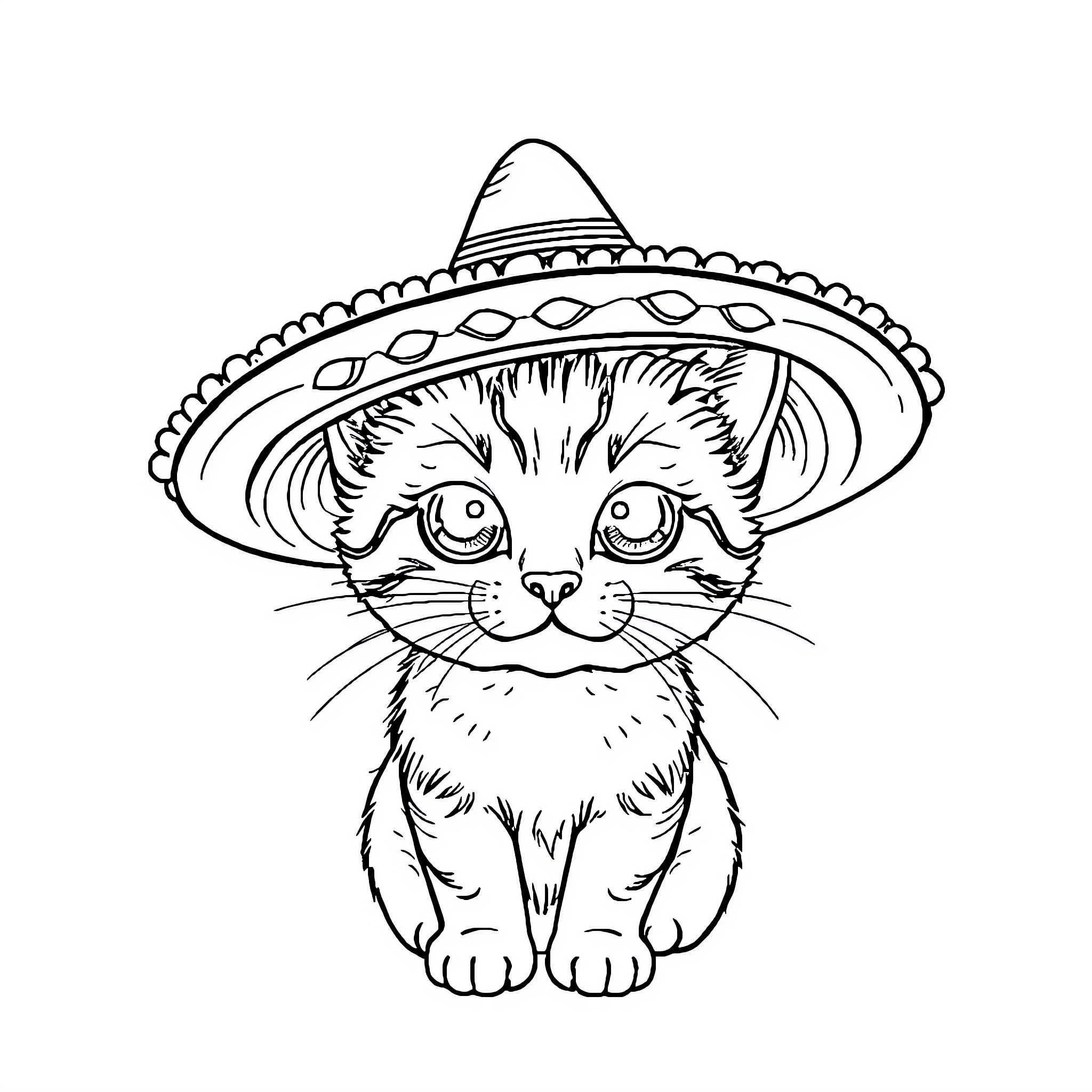 Cat wearing a Mexican-style sombrero Coloring Page (free black-and-white line drawing printable PDF for all, from beginners to advanced learners, including children, teens, adults, and seniors)