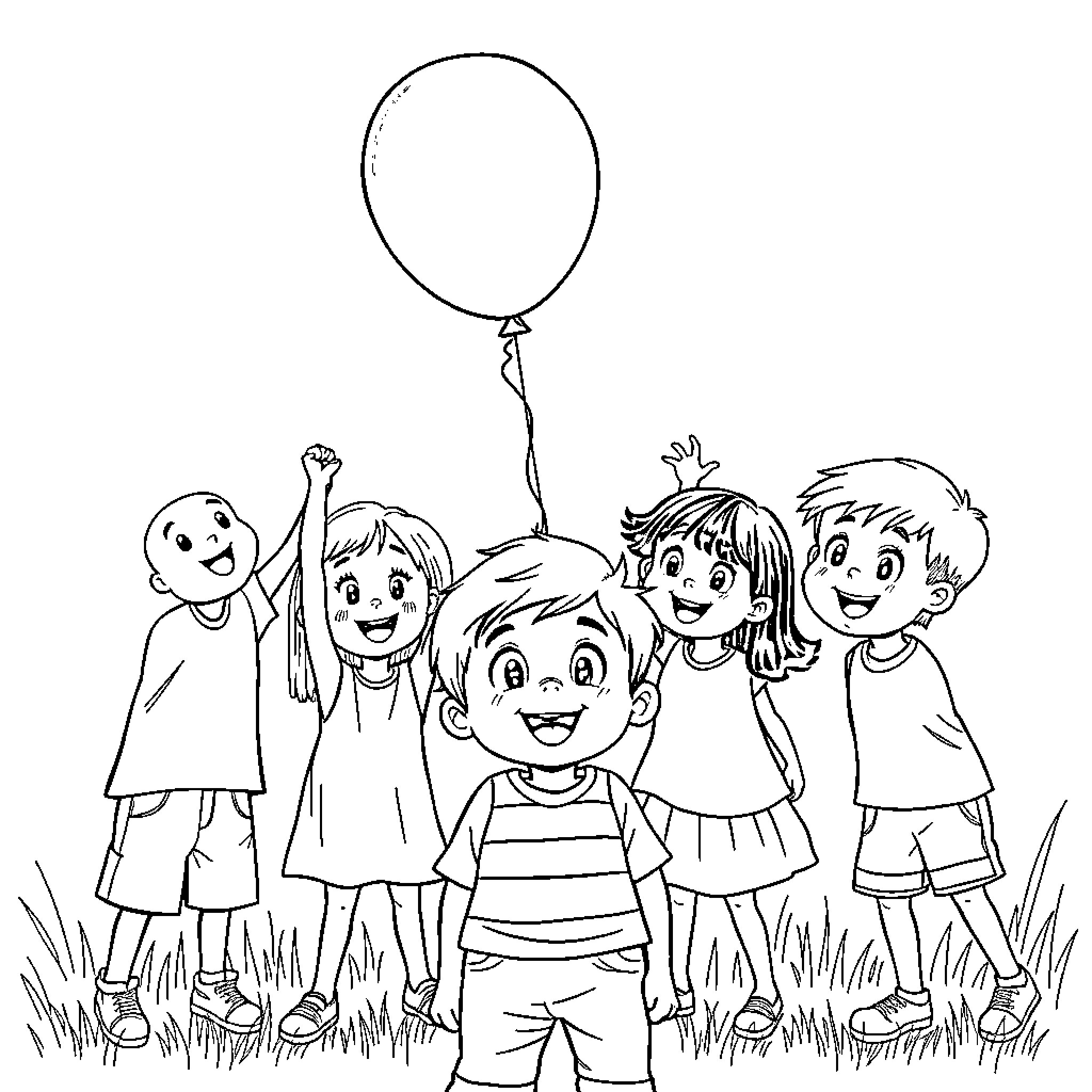 Kid friends playing with balloon in field Coloring Page (free black-and-white line drawing printable PDF for all, from beginners to advanced learners, including children, teens, adults, and seniors)