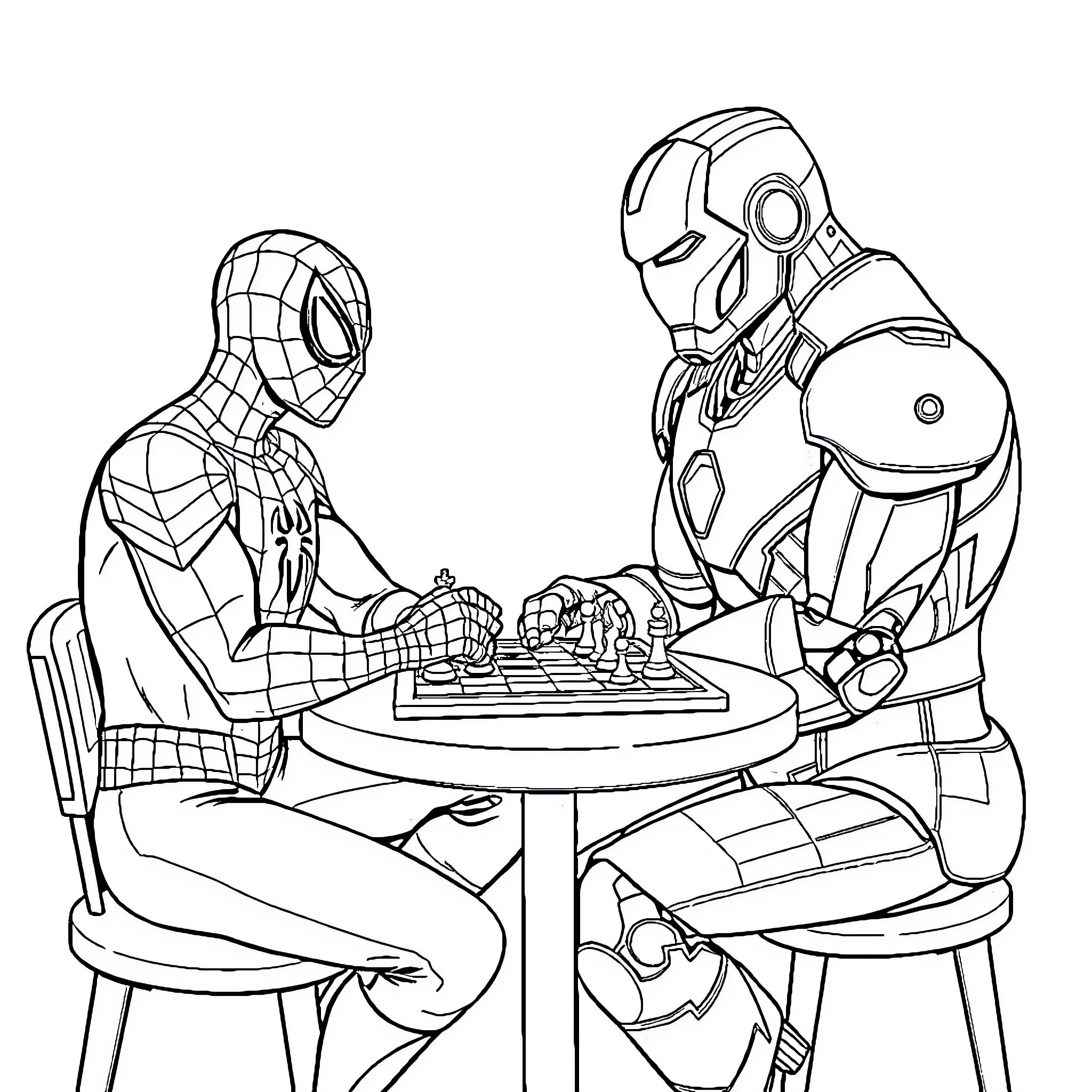 Spiderman playing chess with Iron Man Coloring Page (free black-and-white line drawing printable PDF for all, from beginners to advanced learners, including children, teens, adults, and seniors)