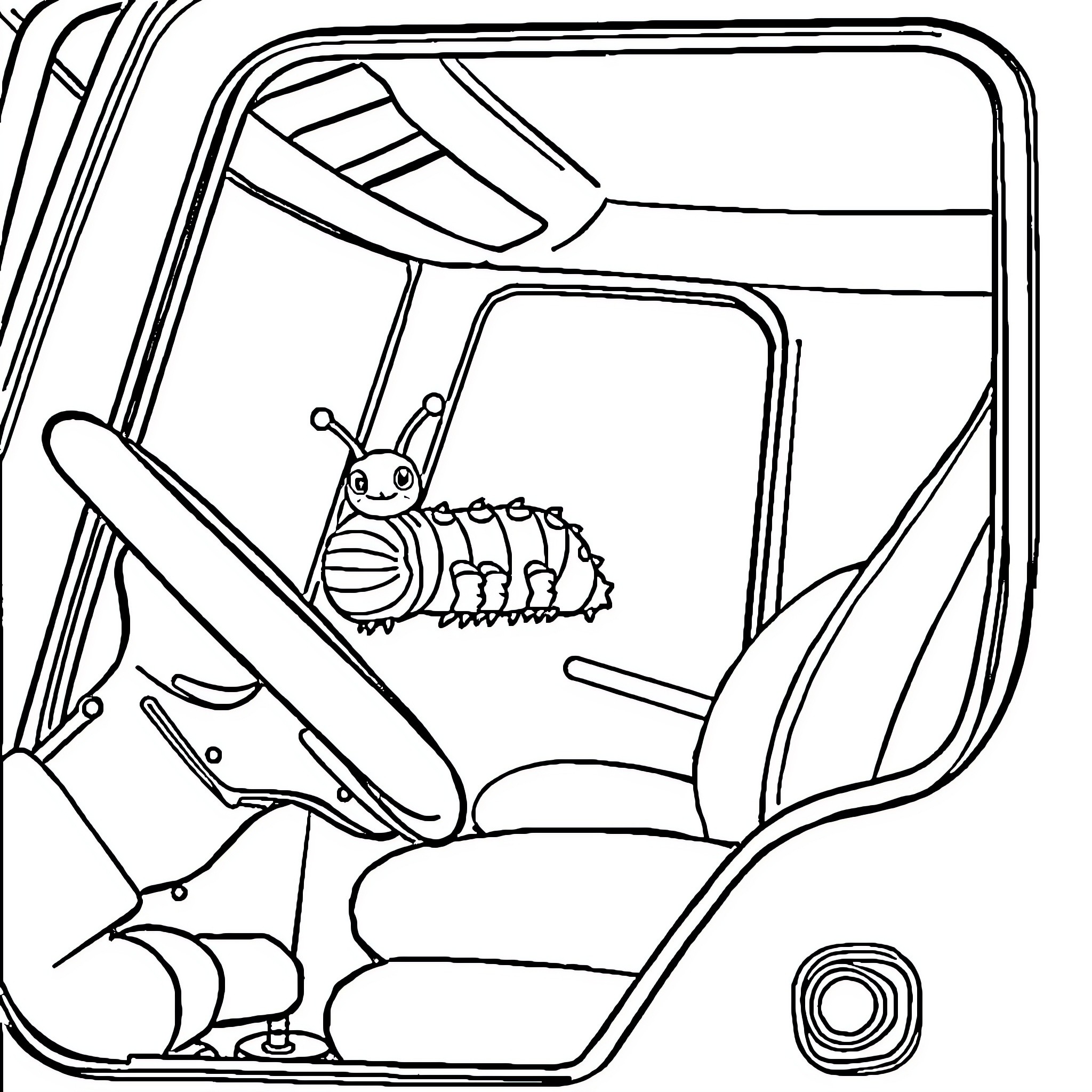 Caterpillar riding in a vehicle Coloring Page (free black-and-white line drawing printable PDF for all, from beginners to advanced learners, including children, teens, adults, and seniors)