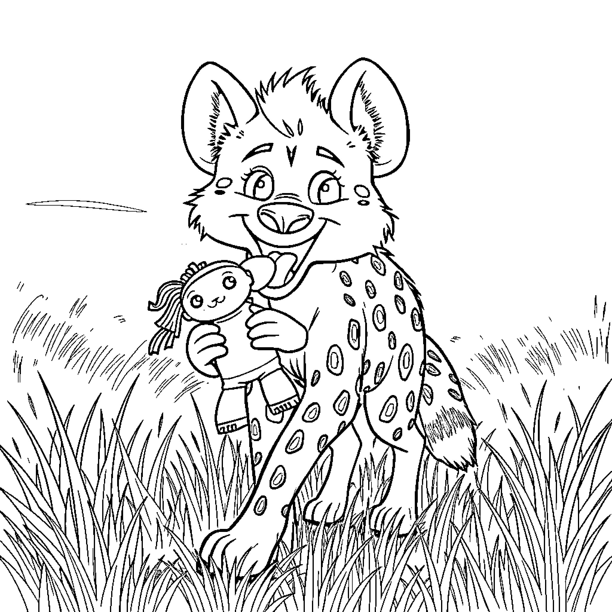 Hyena playfully hugging a doll in the grass Coloring Page (free black-and-white line drawing printable PDF for all, from beginners to advanced learners, including children, teens, adults, and seniors)