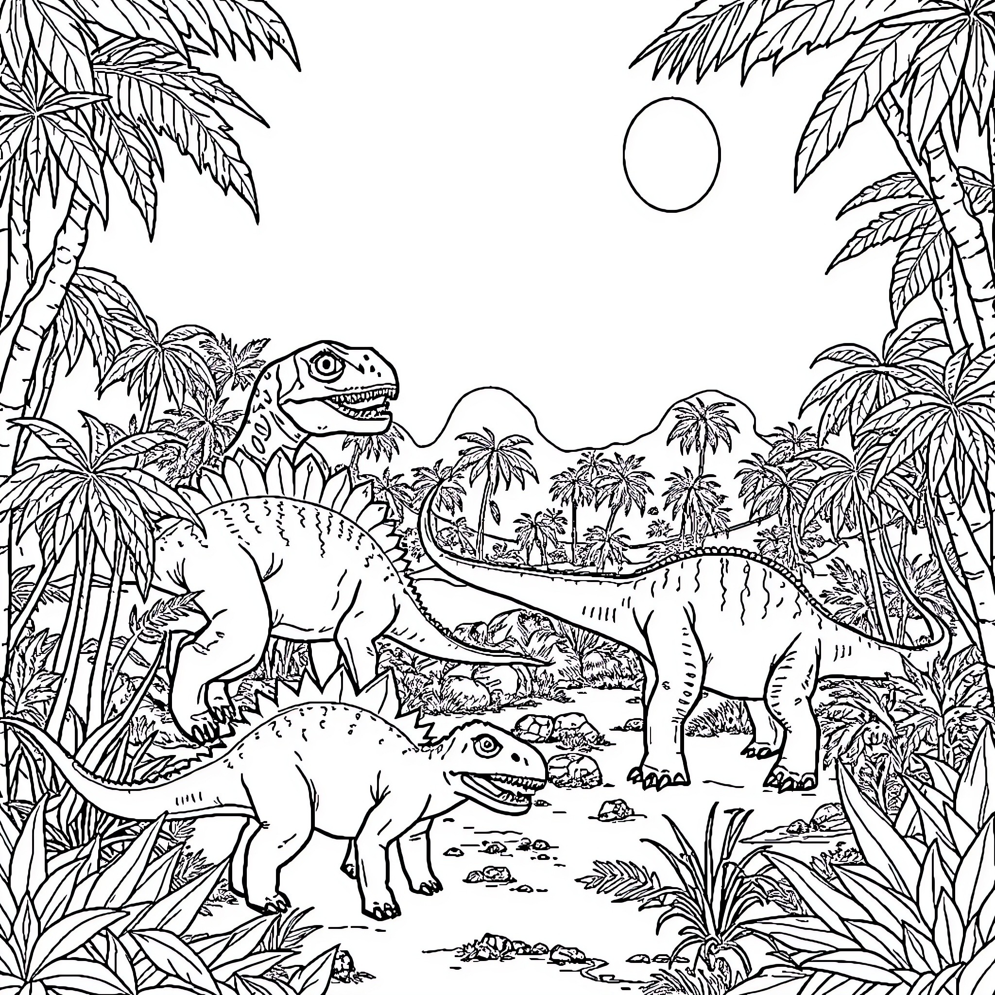 Dinosaurs roaming through lush tropical landscape Coloring Page (free black-and-white line drawing printable PDF for all, from beginners to advanced learners, including children, teens, adults, and seniors)