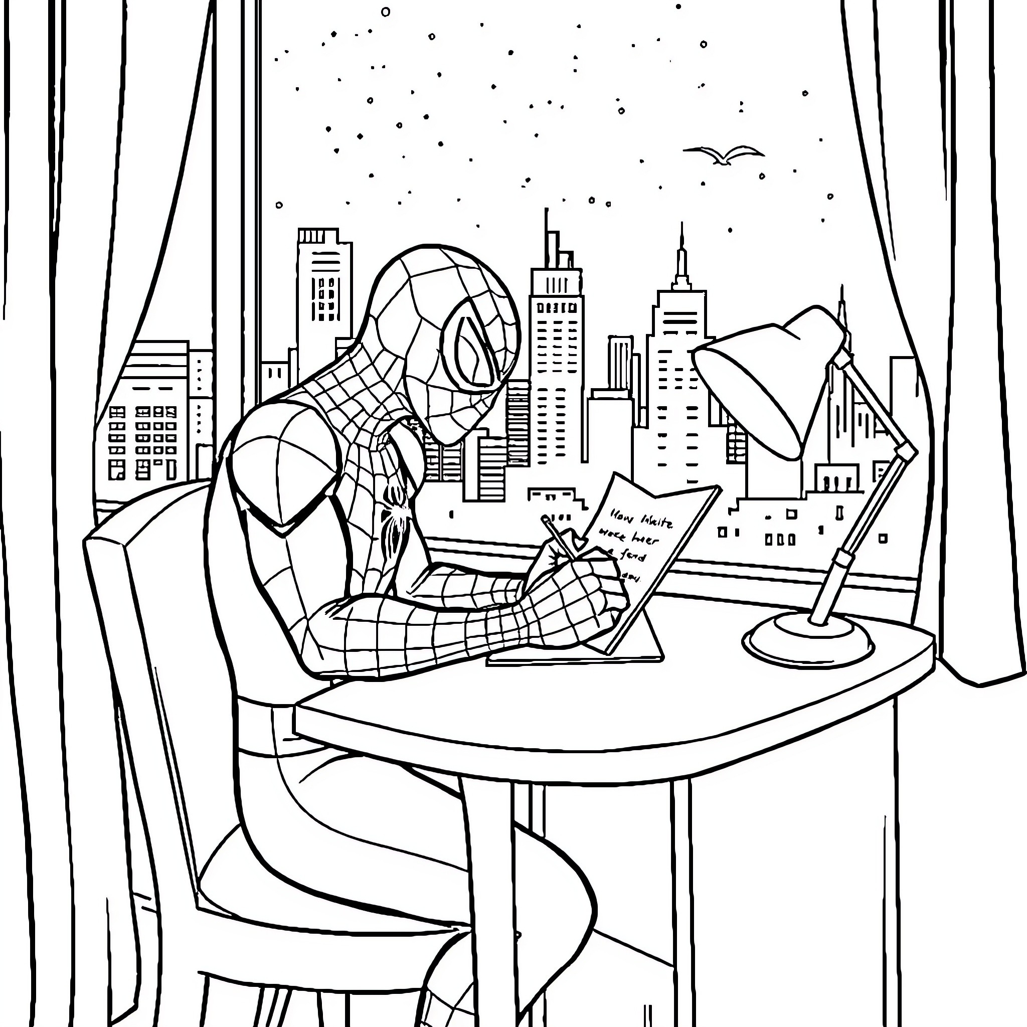 Spider-Man studying late at night in the city Coloring Page (free black-and-white line drawing printable PDF for all, from beginners to advanced learners, including children, teens, adults, and seniors)