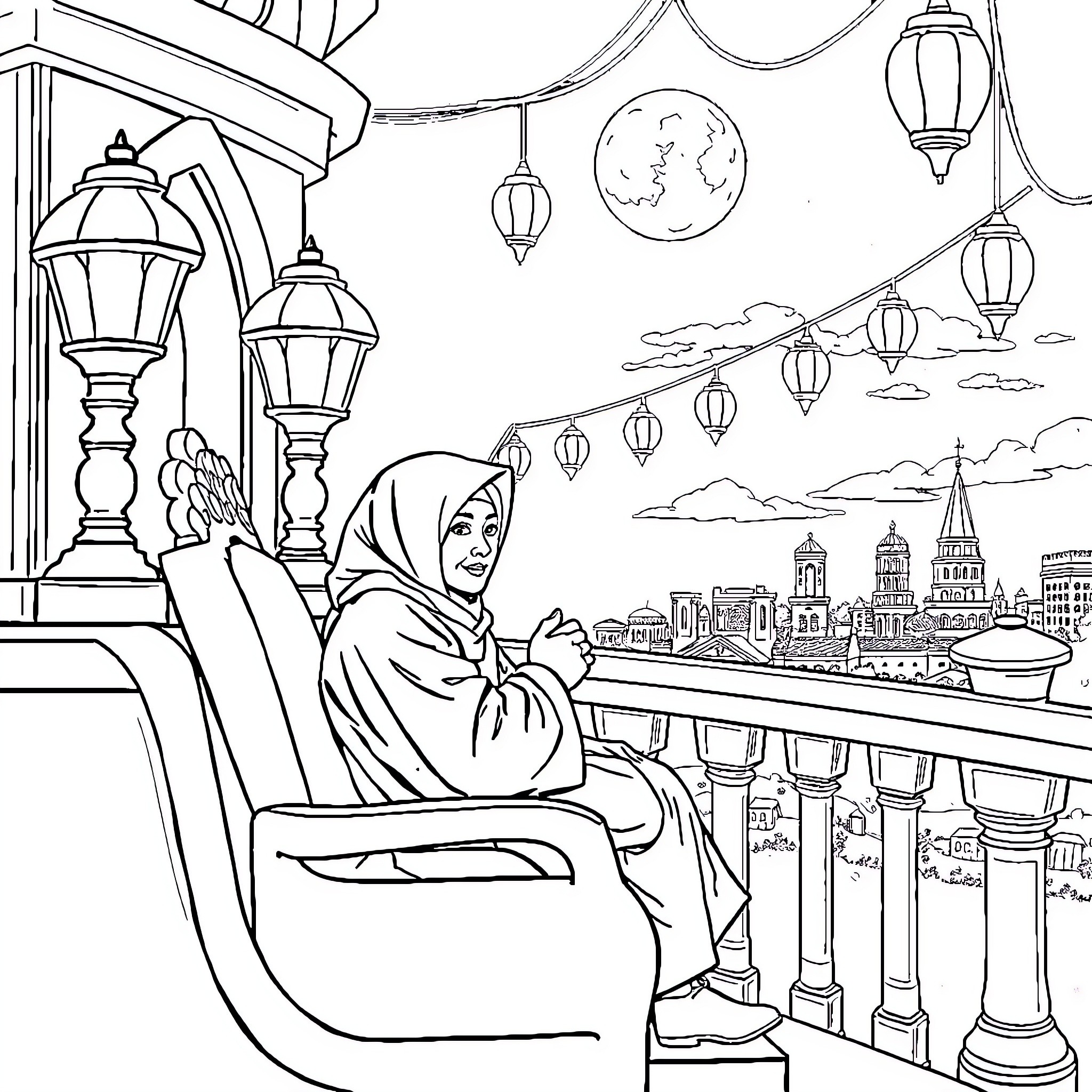 Pemuda enjoying the city skyline with lanterns Coloring Page (free black-and-white line drawing printable PDF for all, from beginners to advanced learners, including children, teens, adults, and seniors)