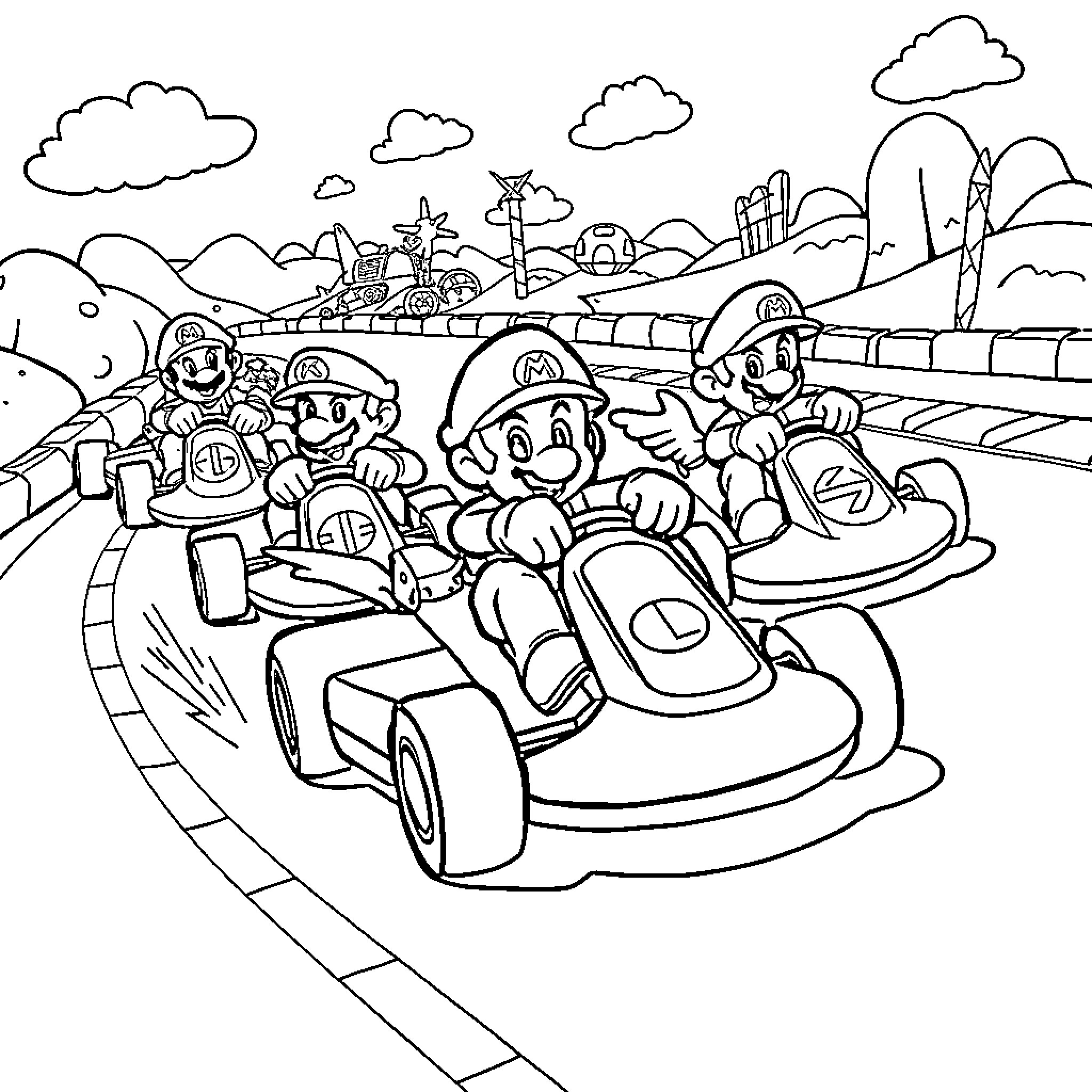 Mario and friends enjoy a thrilling go-kart ride Coloring Page (free black-and-white line drawing printable PDF for all, from beginners to advanced learners, including children, teens, adults, and seniors)