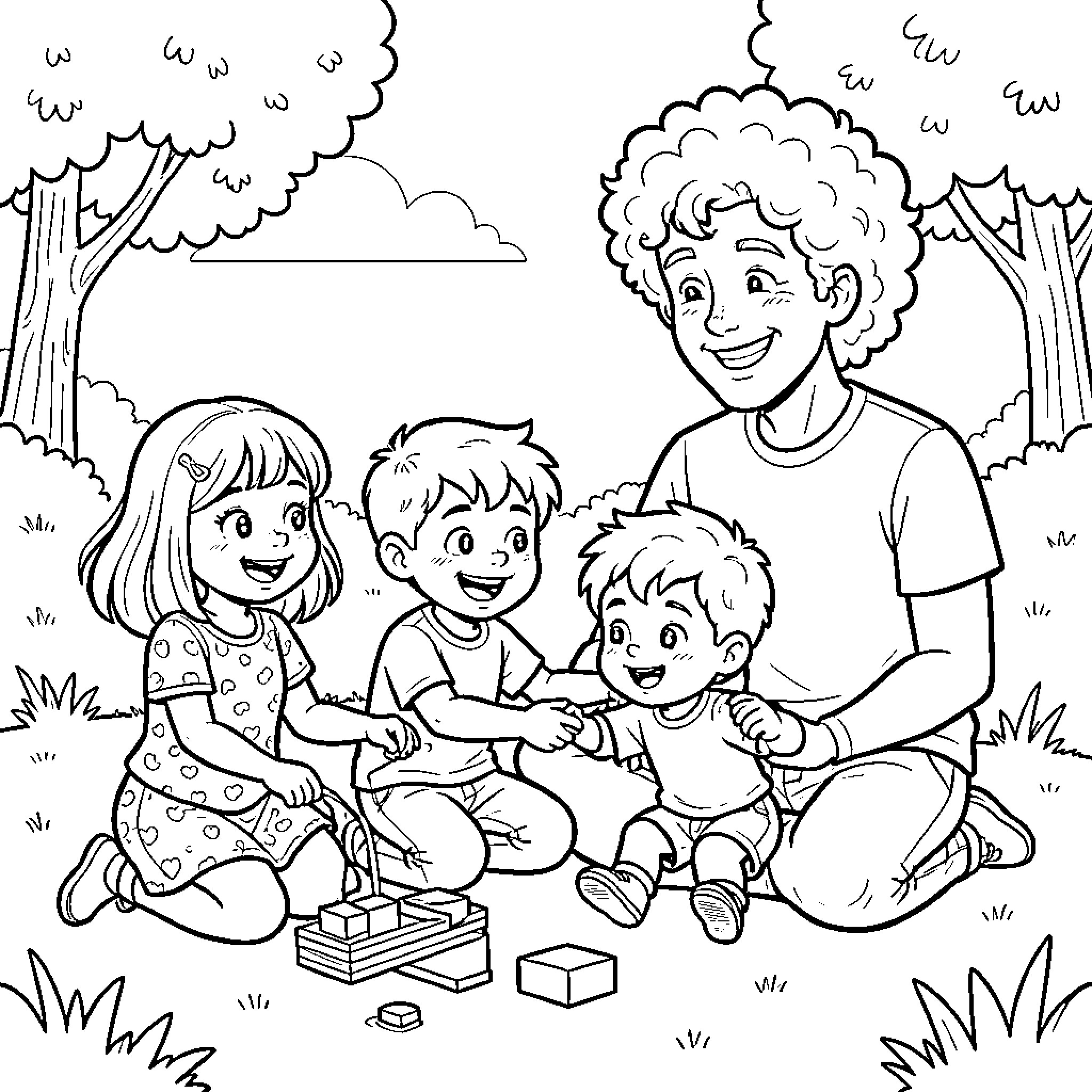 Family playing joyfully with blocks in a park Coloring Page (free black-and-white line drawing printable PDF for all, from beginners to advanced learners, including children, teens, adults, and seniors)
