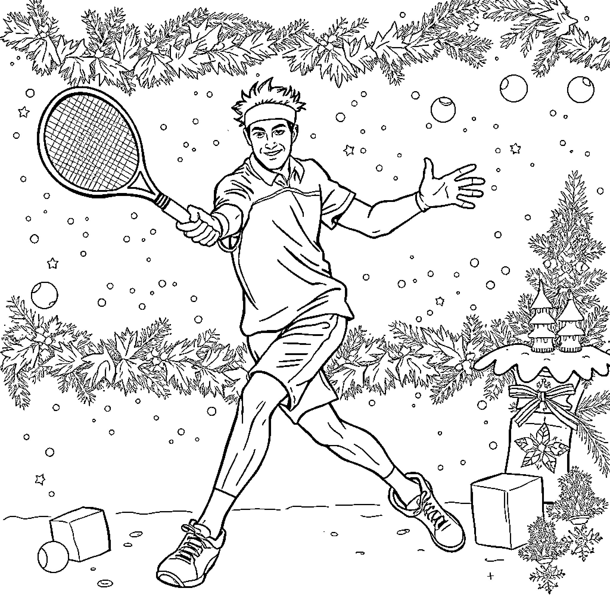 Tennis Player in Festive Outdoor Scene Coloring Page (free black-and-white line drawing printable PDF for all, from beginners to advanced learners, including children, teens, adults, and seniors)