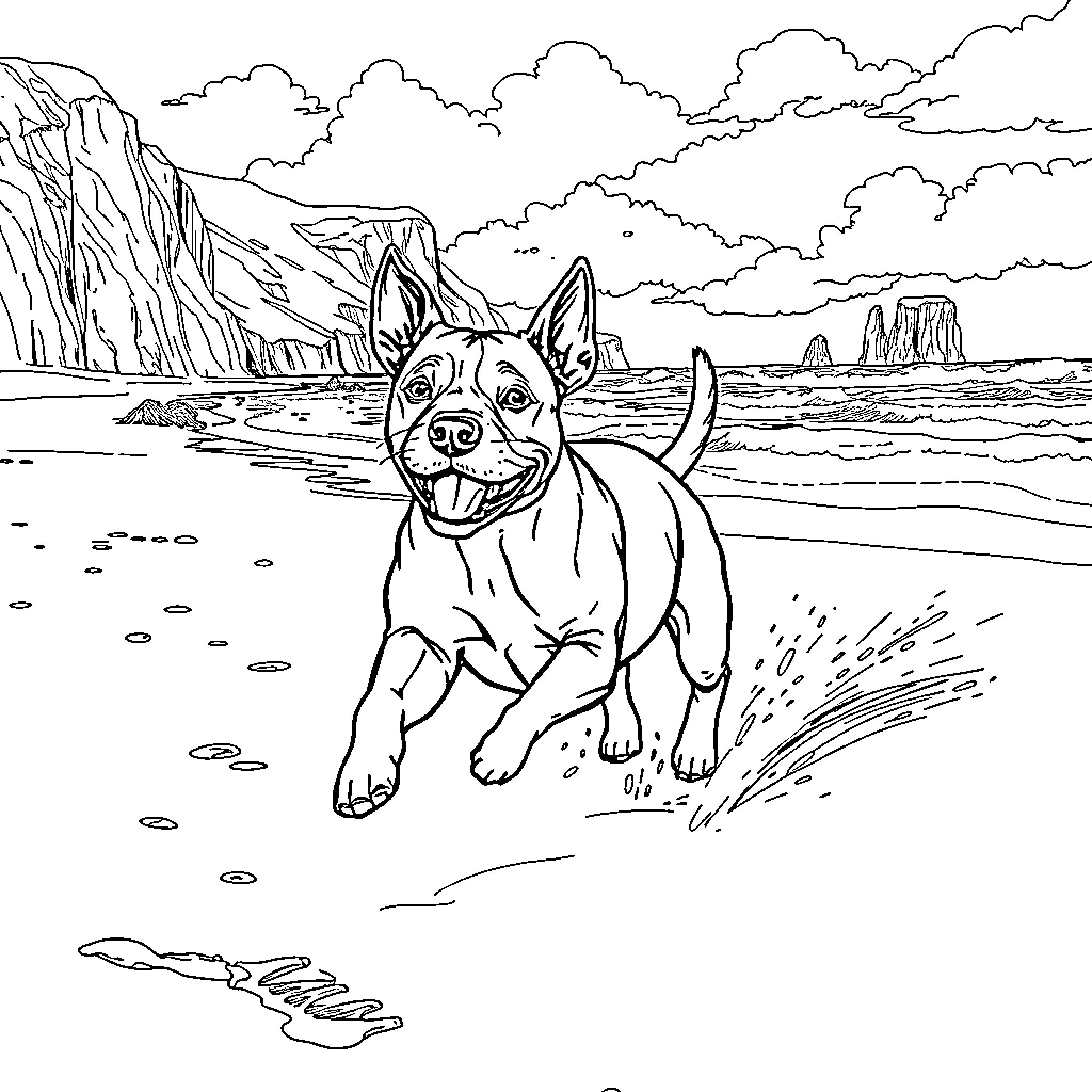 Staffordshire Terrier playing joyfully on the beach Coloring Page (free black-and-white line drawing printable PDF for all, from beginners to advanced learners, including children, teens, adults, and seniors)