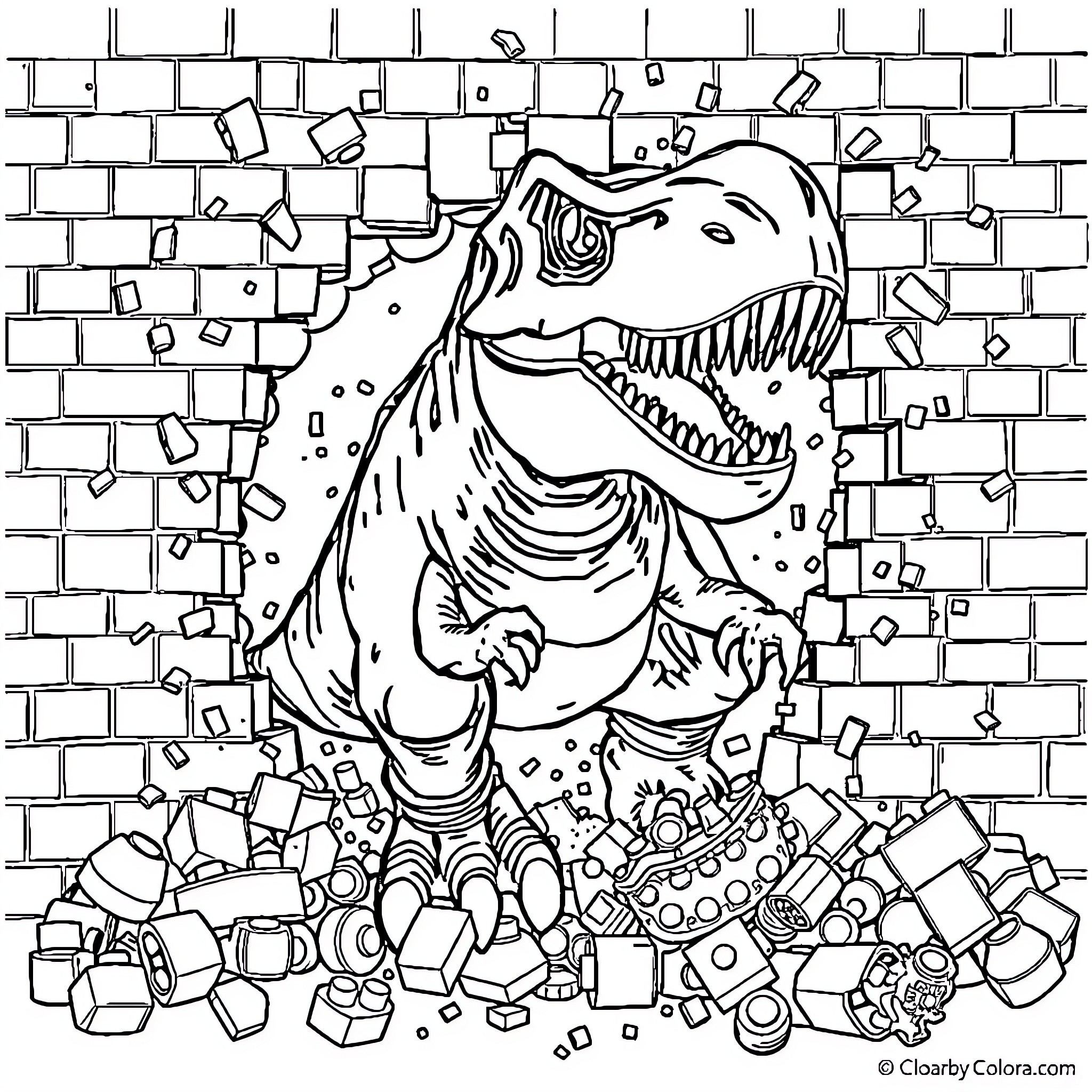 T-Rex Breaking Through Brick Wall Coloring Page (free black-and-white line drawing printable PDF for all, from beginners to advanced learners, including children, teens, adults, and seniors)