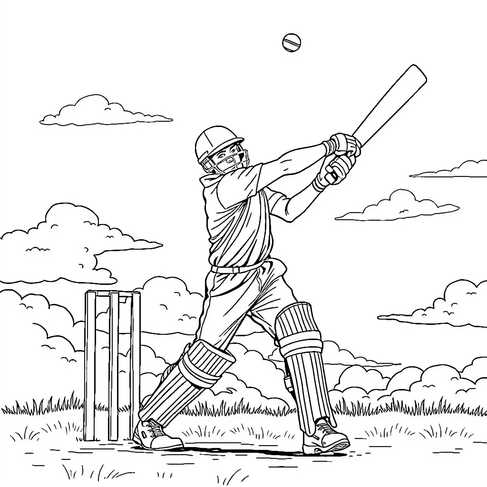 Cricket player hitting ball with full force Coloring Page (free black-and-white line drawing printable PDF for all, from beginners to advanced learners, including children, teens, adults, and seniors)
