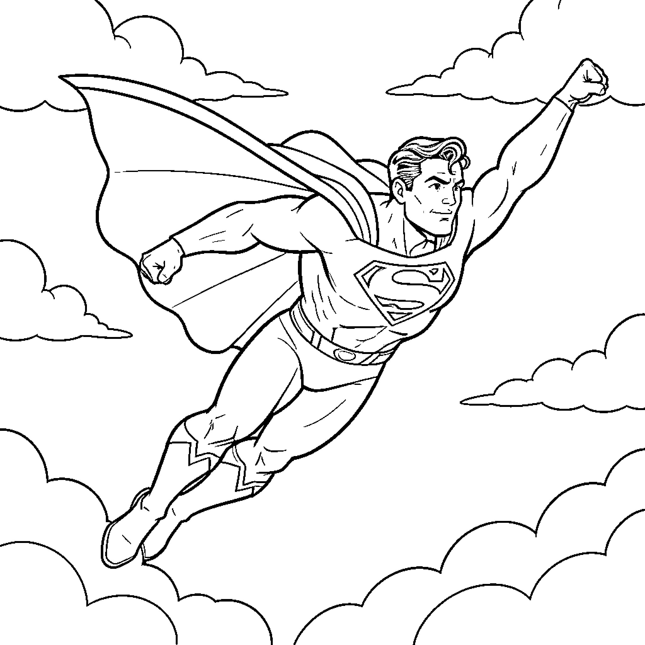 Superman flying heroically through the clouds Coloring Page (free black-and-white line drawing printable PDF for all, from beginners to advanced learners, including children, teens, adults, and seniors)